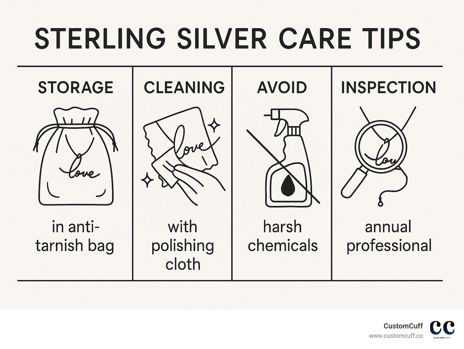 Infographic showing sterling silver care tips: storage in anti-tarnish bags, cleaning with polishing cloth, avoiding harsh chemicals, and annual professional inspection - custom handwriting jewelry sterling silver infographic 