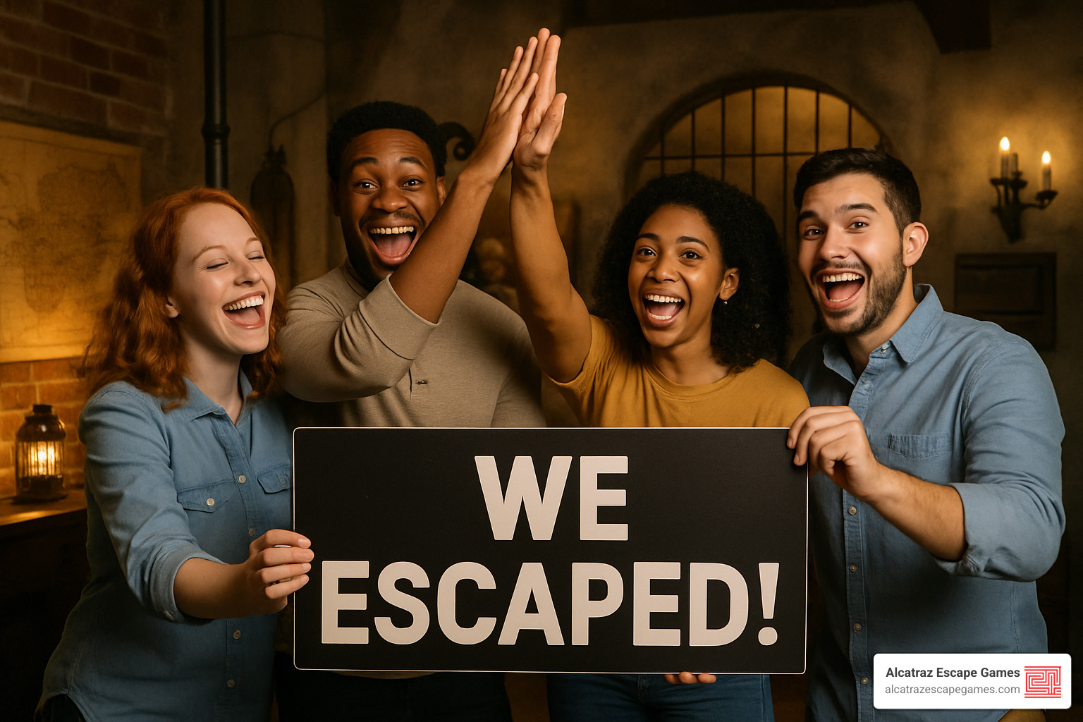 Victorious team holding "We Escaped!" celebration sign with big smiles and high-fives - escape rooms in utah county