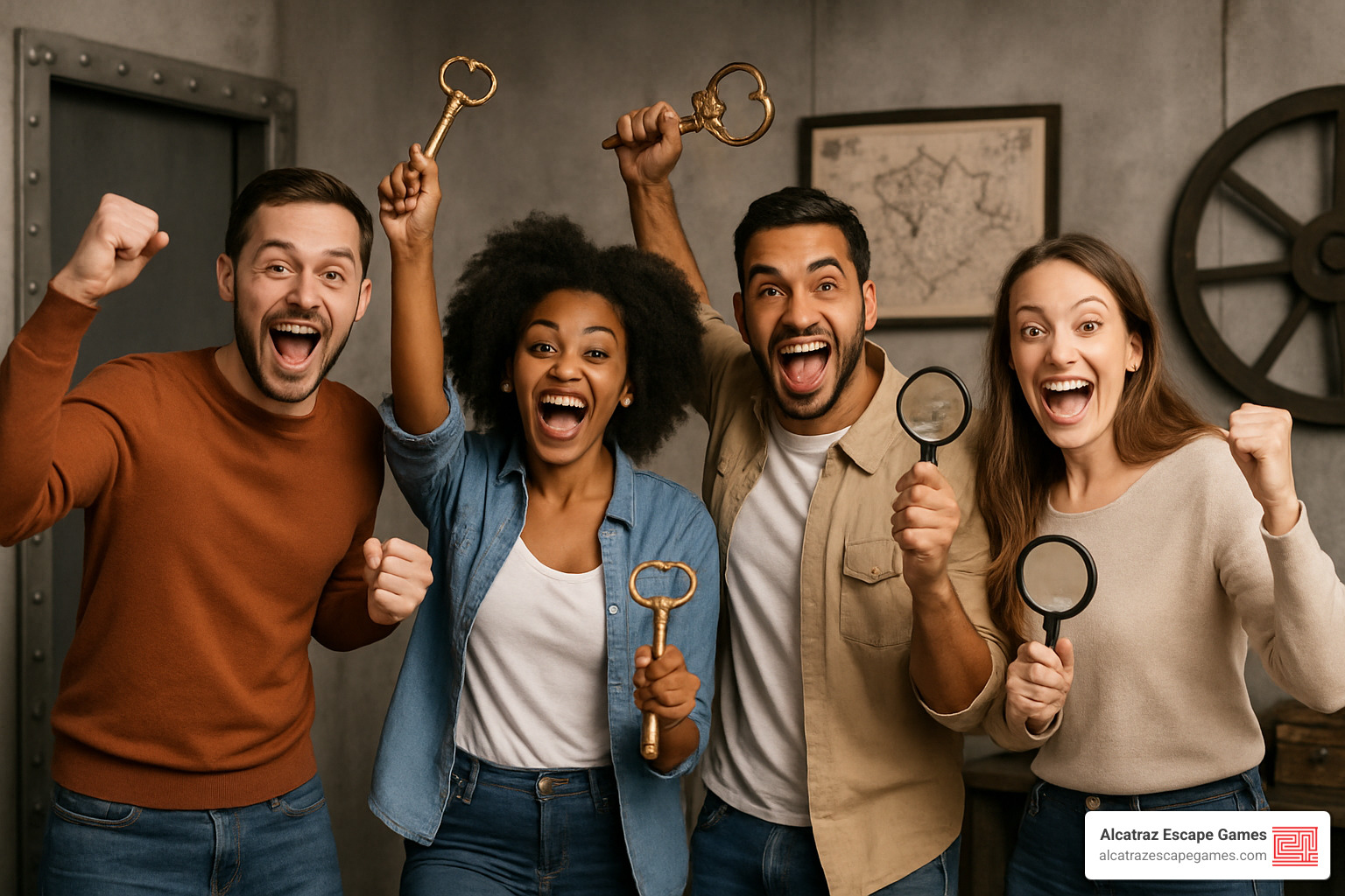 Group of friends celebrating after successfully escaping, holding props and showing excitement and teamwork - escape rooms in utah county