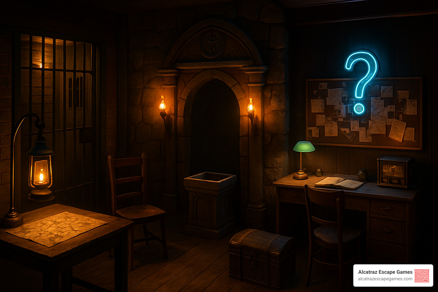 Immersive escape room set design with multiple themed areas, detailed props, and atmospheric lighting creating a cinematic environment - escape rooms in utah county