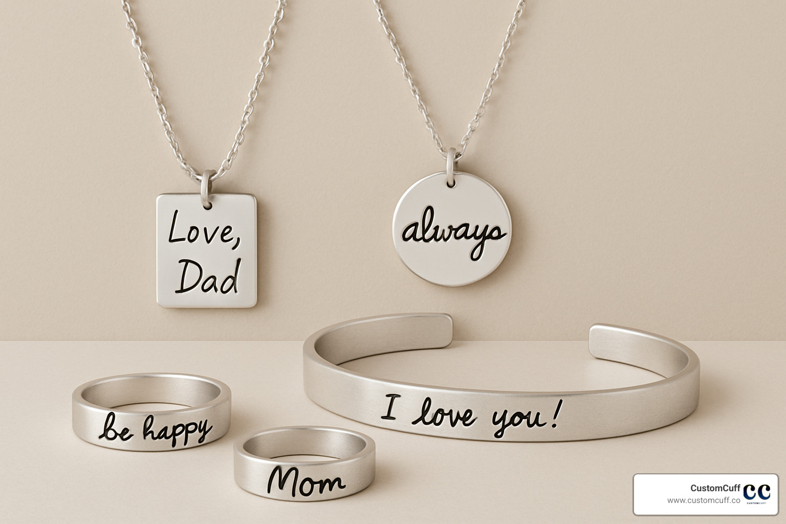 Custom handwriting jewelry collection showing various sterling silver pieces including necklaces, bracelets, and rings with different handwriting samples - custom handwriting jewelry sterling silver