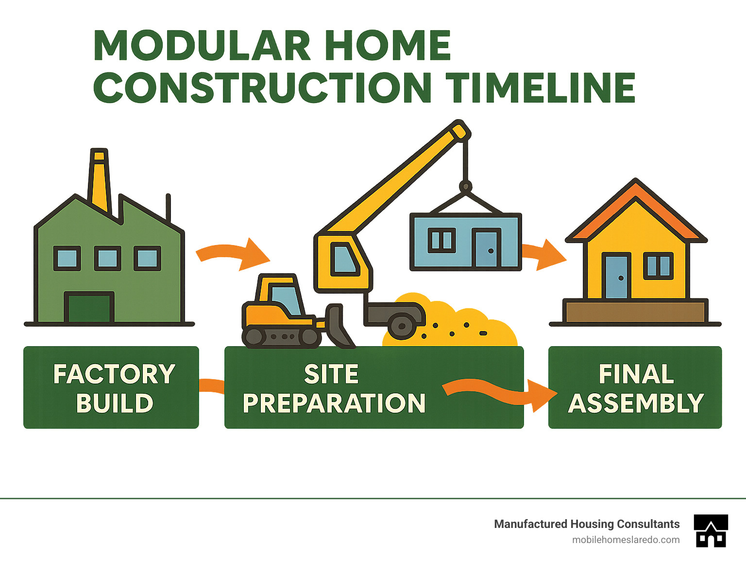 Modular home construction timeline showing factory build concurrent with site preparation, followed by crane delivery and final assembly - best rated modular home manufacturers infographic Modular home construction timeline showing factory build concurrent with site preparation, followed by crane delivery and final assembly - best rated modular home manufacturers infographic