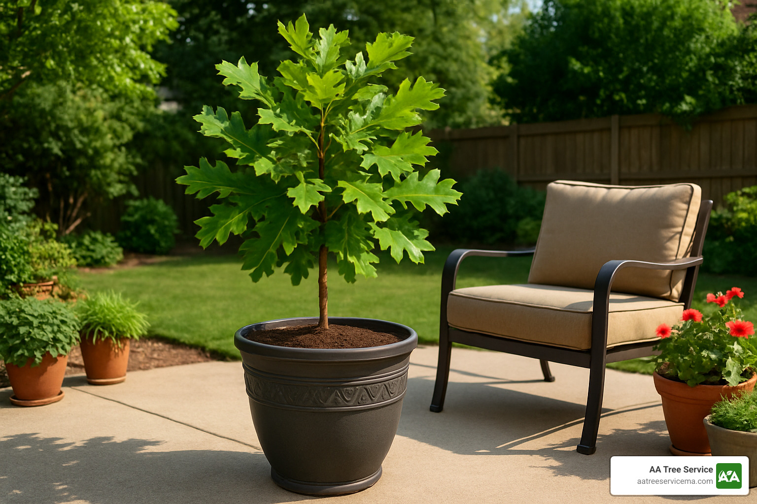Container-grown oak tree on patio - pruning an oak tree to keep it small