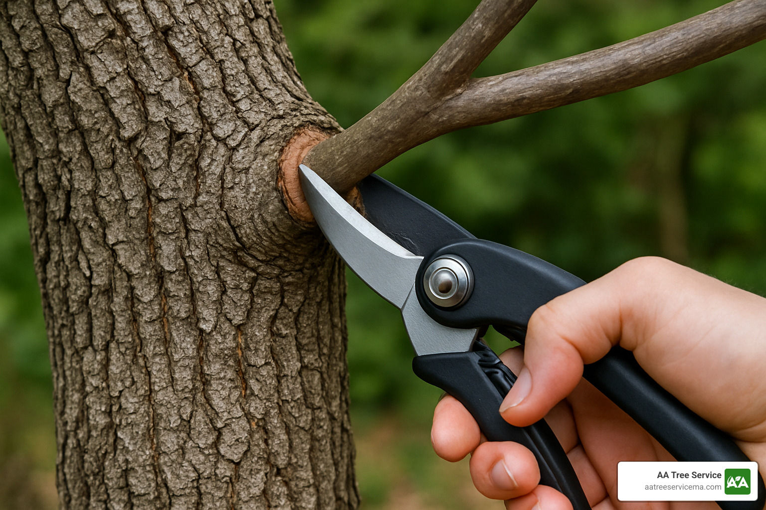 Proper pruning cut showing branch collar technique - pruning an oak tree to keep it small