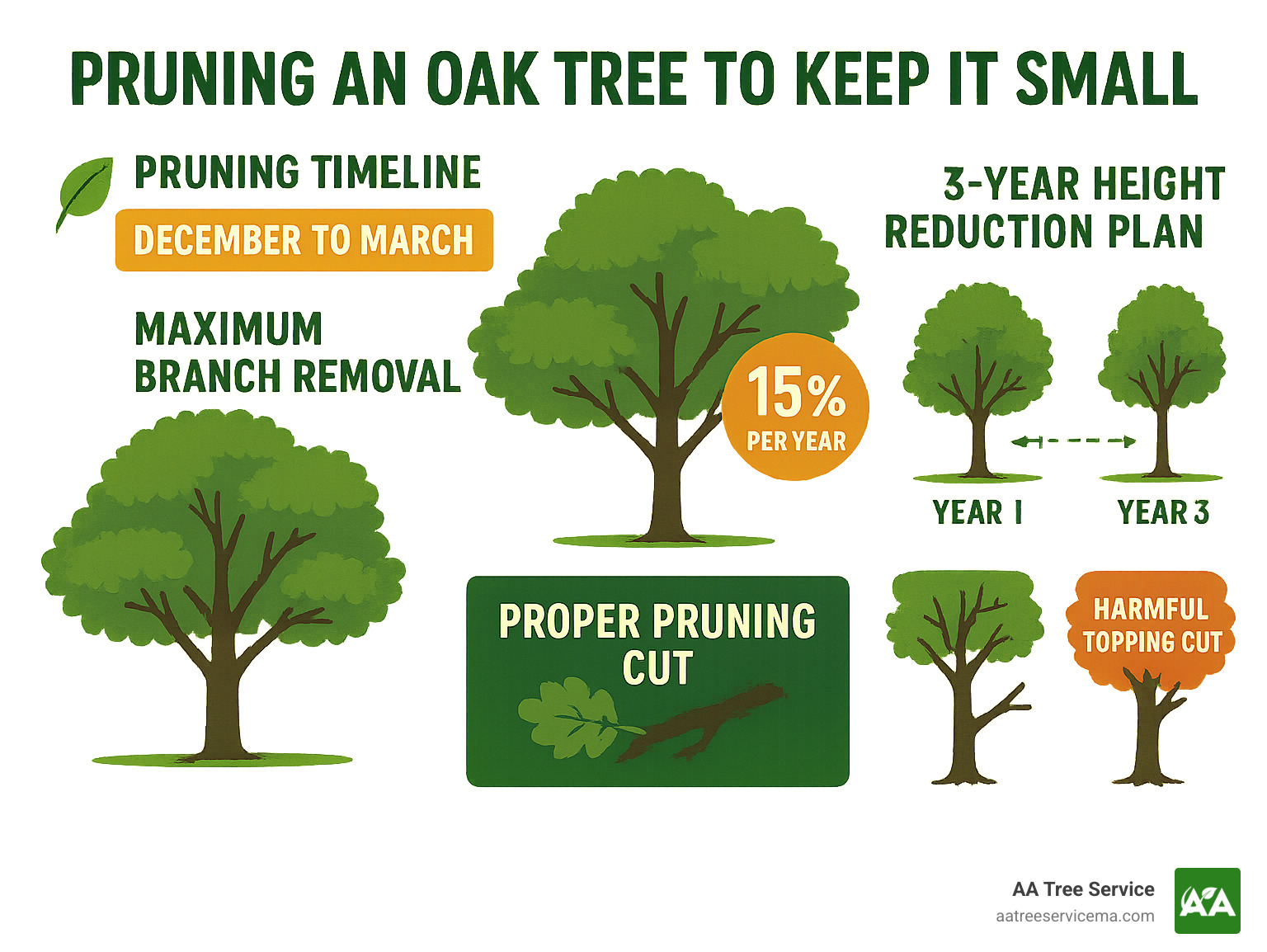 Detailed infographic showing oak tree pruning timeline from December to March, maximum 15% branch removal per year, three-year height reduction plan, and comparison of proper pruning cuts versus harmful topping cuts - pruning an oak tree to keep it small infographic