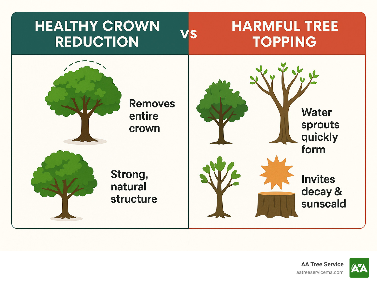 Comparison table showing healthy crown reduction techniques versus harmful tree topping methods - pruning an oak tree to keep it small infographic