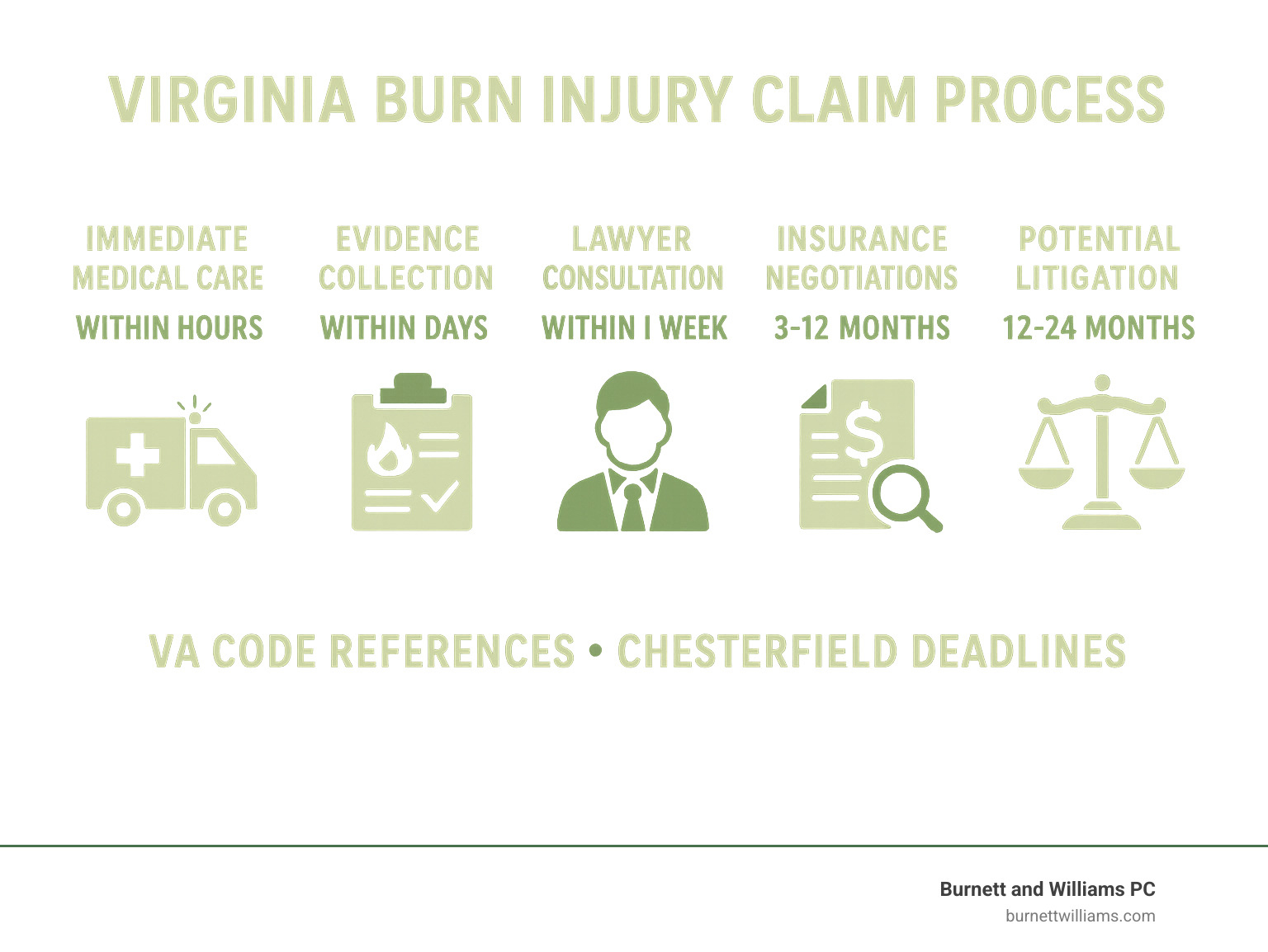 Infographic showing Virginia burn injury claim process: immediate medical care within hours, evidence collection within days, lawyer consultation within 1 week, investigation period 1-3 months, insurance negotiations 3-12 months, potential litigation 12-24 months, with VA Code references and Chesterfield-specific deadlines - Chesterfield burn injury lawyer infographic 