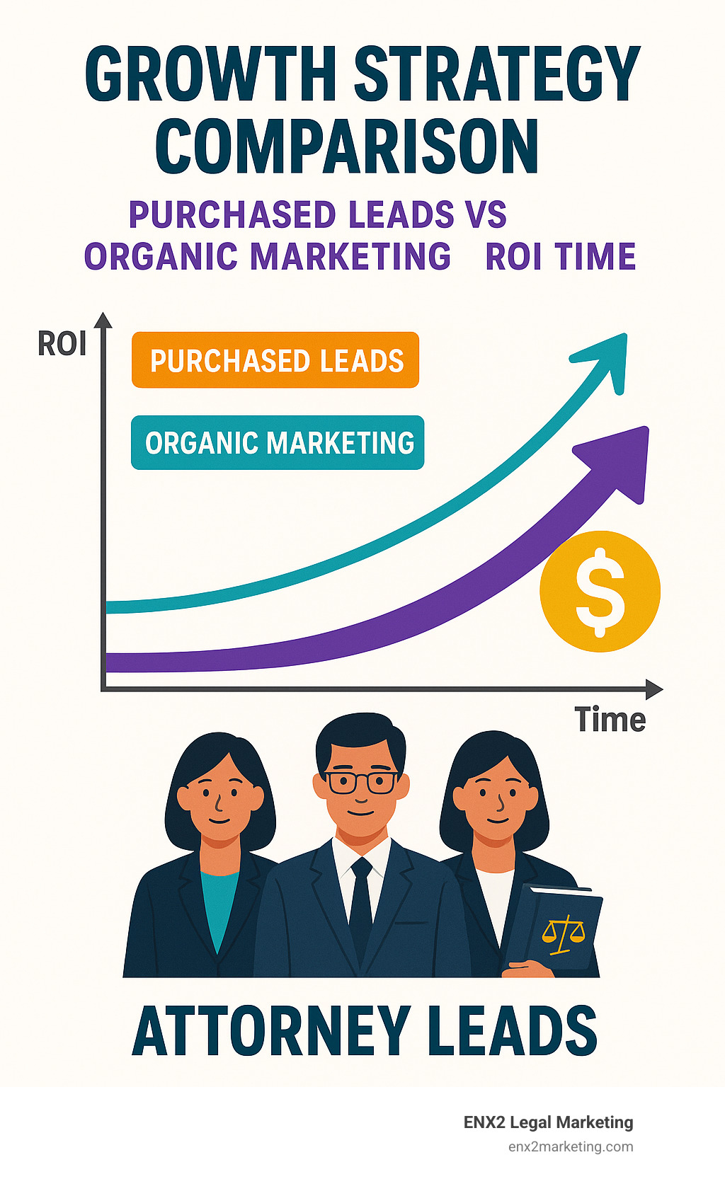 Growth strategy comparison showing purchased leads vs organic marketing ROI over time - attorney leads infographic 