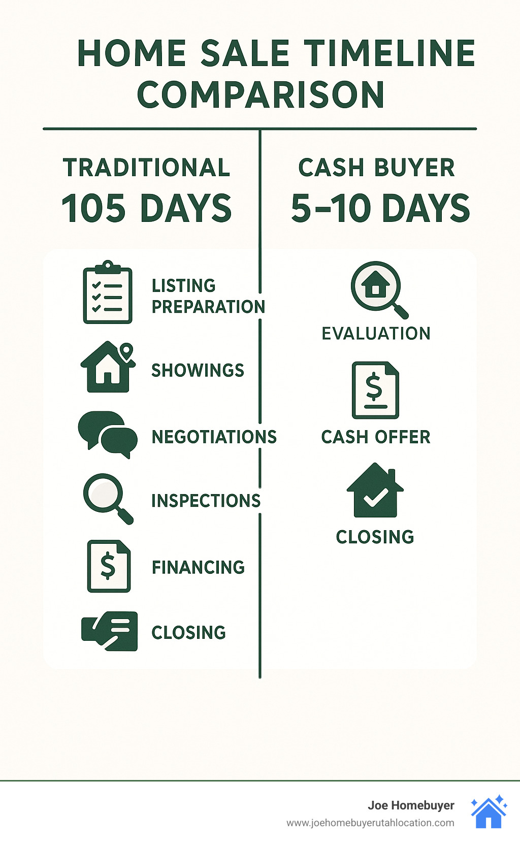 Infographic showing comparison between traditional home sale timeline of 105 days versus cash buyer timeline of 5-10 days, including steps like listing preparation, showings, negotiations, inspections, financing, and closing for traditional sales versus simple evaluation, cash offer, and direct closing for cash buyers - Ogden we buy houses infographic 