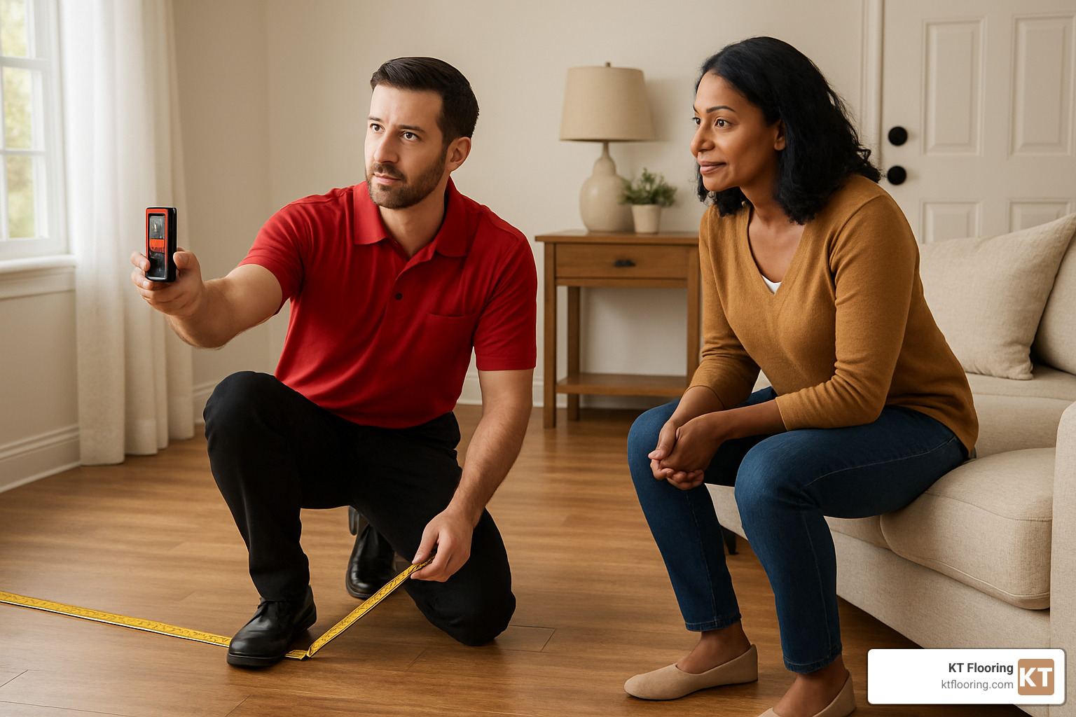 Design associate measuring a room with professional tools while homeowner watches, showcasing the free in-home consultation process - flooring companies salem nh