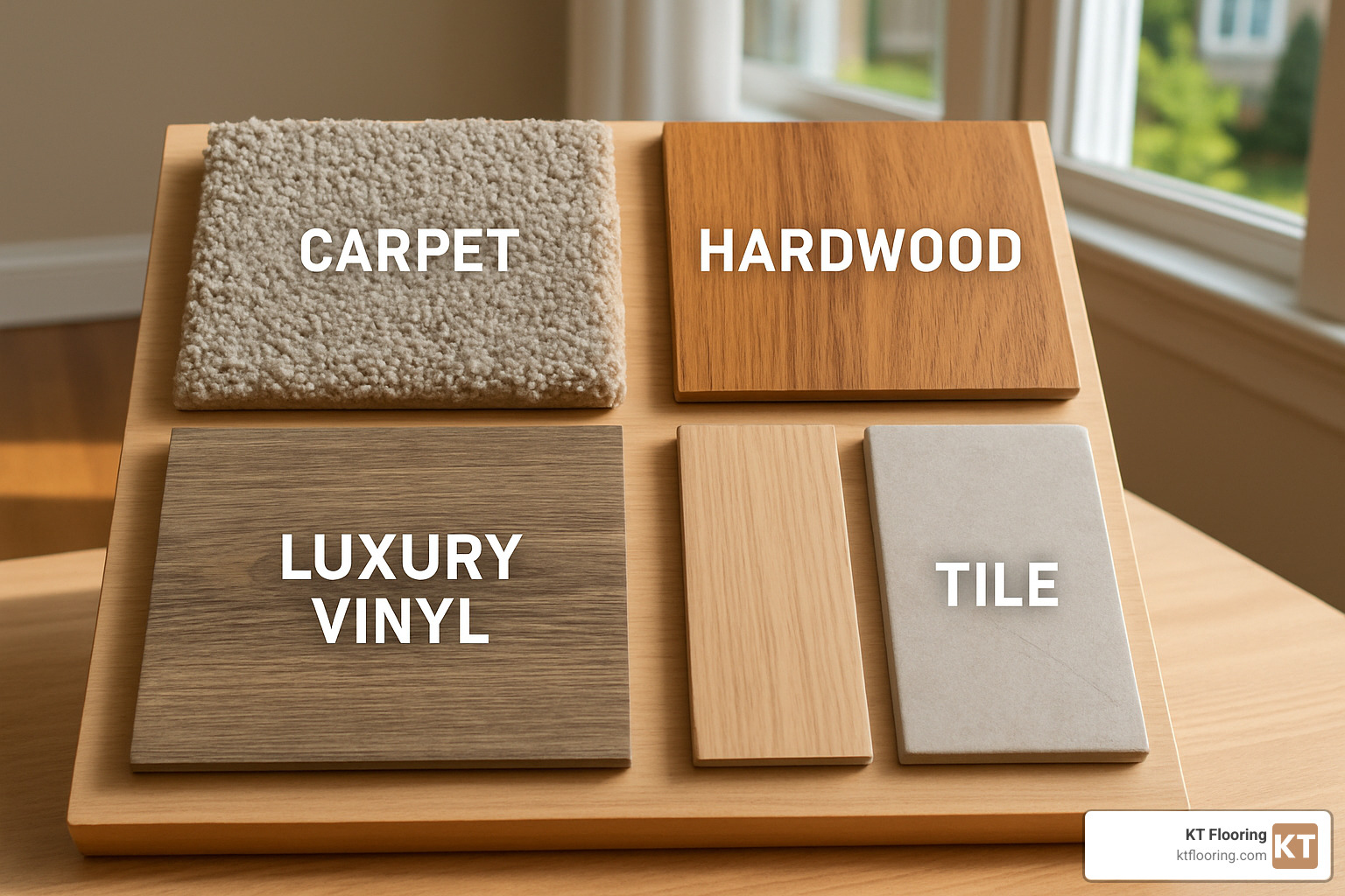 Mixed flooring samples showing carpet, hardwood, luxury vinyl, laminate, and tile options popular in Salem NH homes - flooring companies salem nh