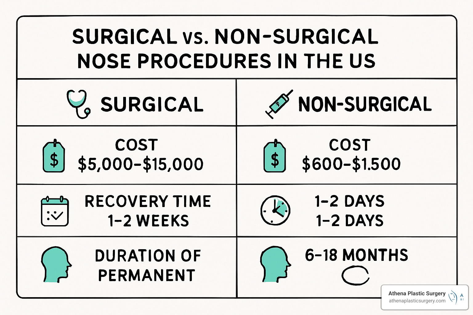 Nose Fillers Without Breaking the Bank – Injection Costs Explained 5 comparison chart showing costs and timelines for surgical vs non-surgical nose procedures - nose injection filler cost