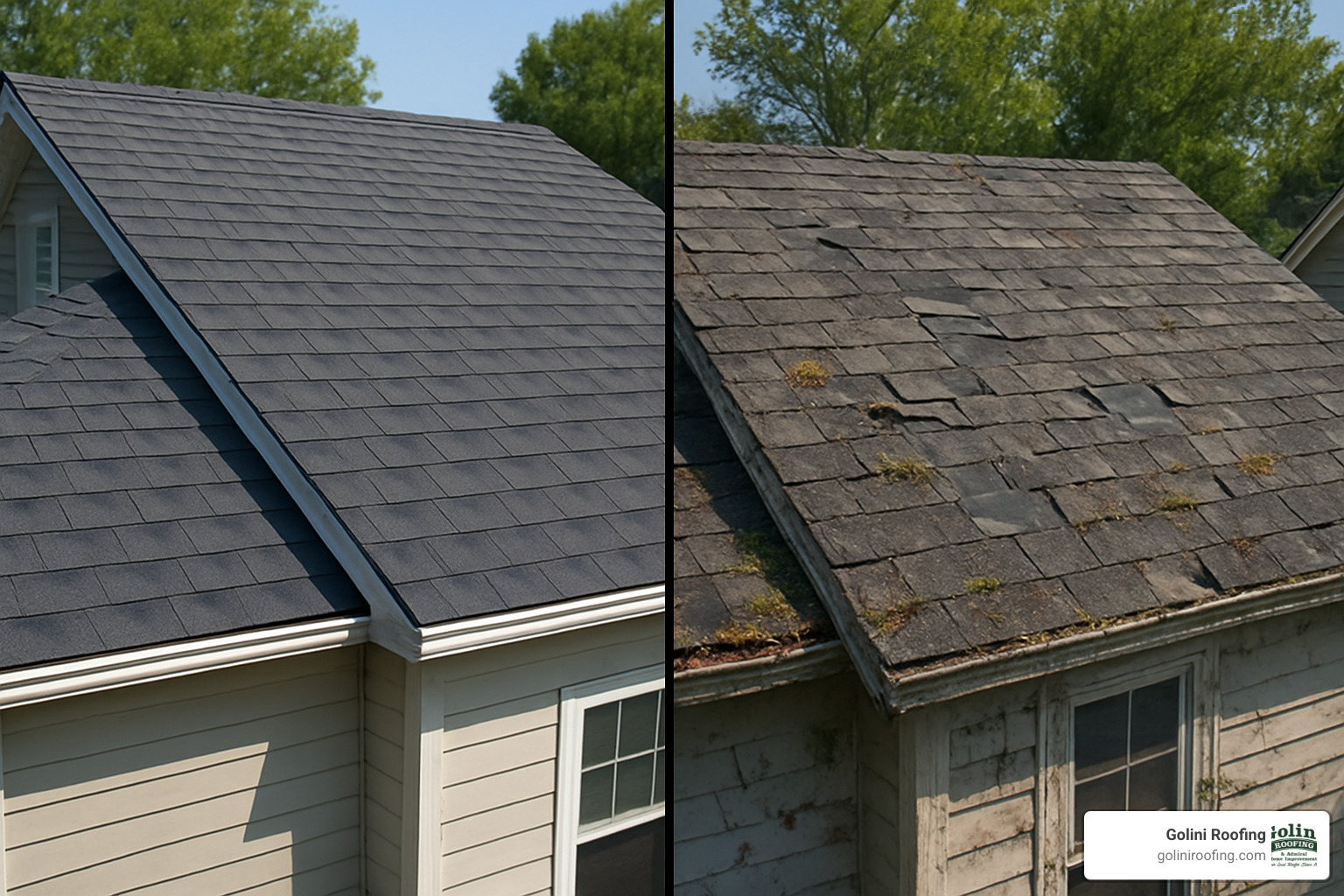 side-by-side comparison of well-maintained roof versus neglected roof showing difference in condition - Roof maintenance services near me