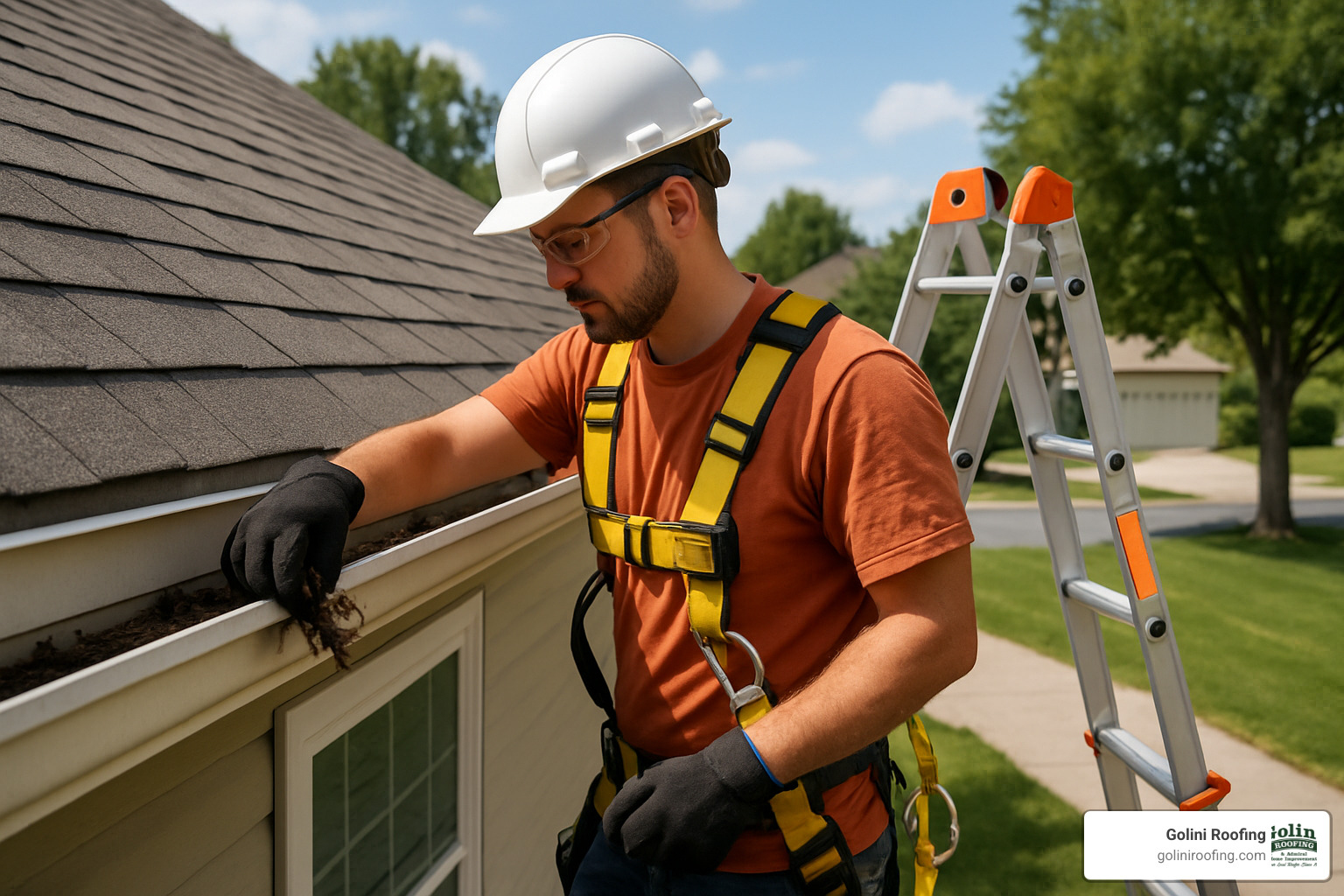 professional contractor cleaning gutters with proper safety equipment - Roof maintenance services near me