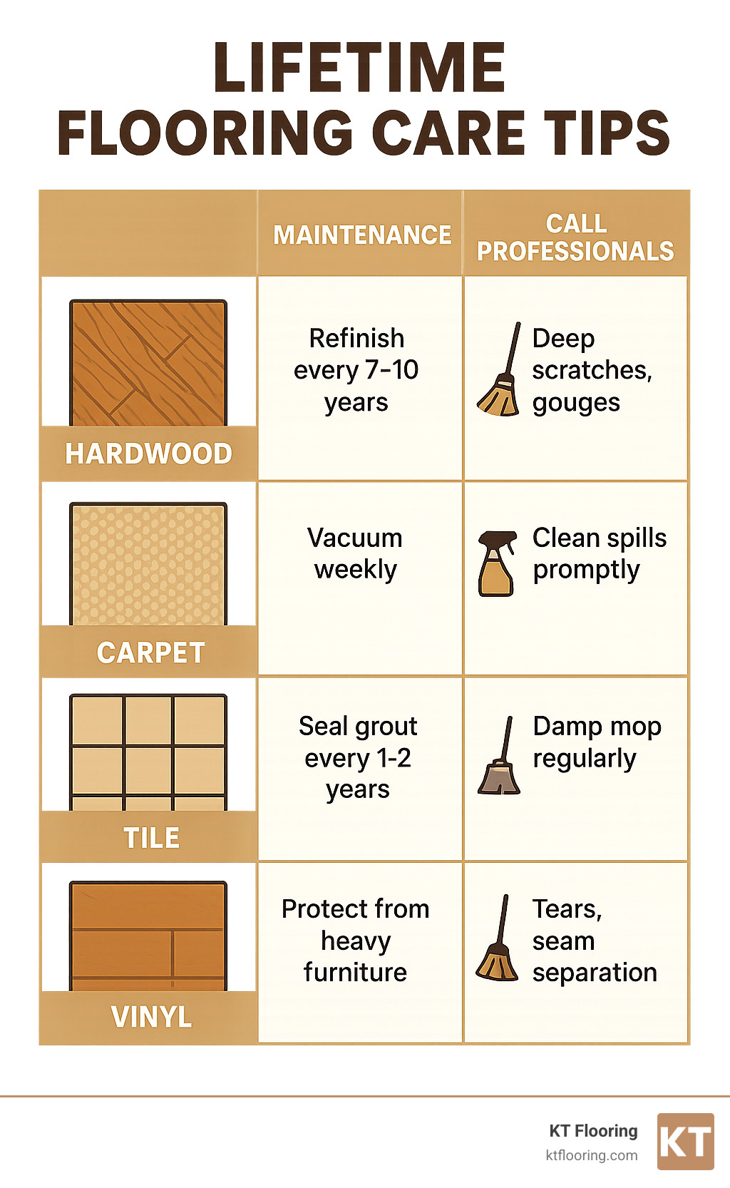 Lifetime flooring care tips infographic showing maintenance schedules, cleaning recommendations, and when to call professionals for different flooring types - flooring companies salem nh infographic 