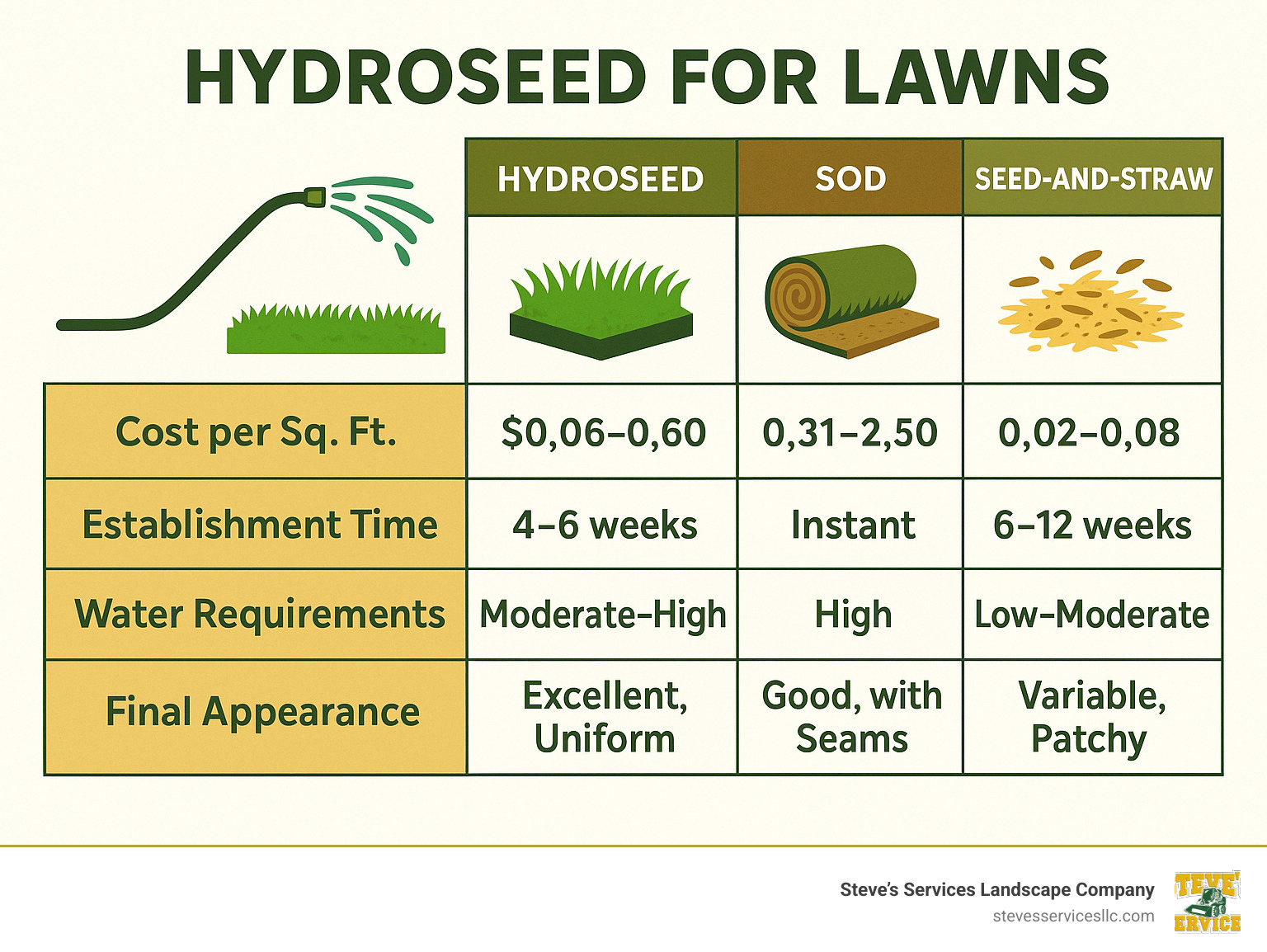 Comparison table showing hydroseed vs sod vs seed-and-straw across cost per sq ft ($0.06-0.60 vs $0.31-2.50 vs $0.02-0.08), establishment time (4-6 weeks vs instant vs 6-12 weeks), water requirements (moderate-high vs high vs low-moderate), and final appearance (excellent uniform vs good with seams vs variable patchy) - Hydroseed for lawns infographic 