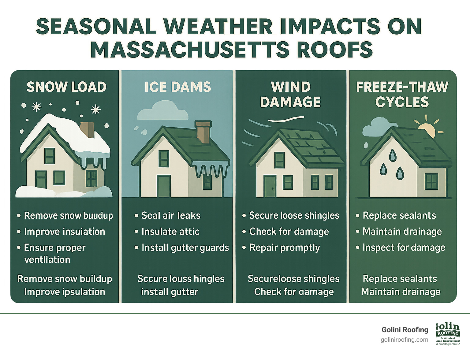 Infographic showing seasonal weather impacts on Massachusetts roofs including snow load, ice dams, wind damage, and freeze-thaw cycles with corresponding maintenance recommendations - Roof maintenance services near me infographic