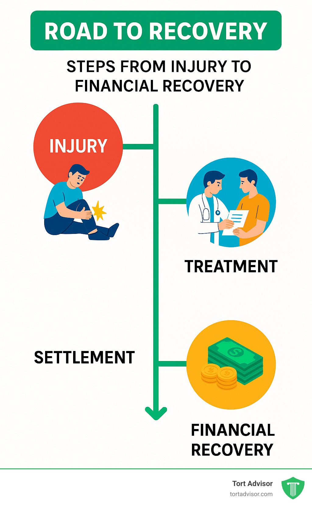 Road to recovery infographic showing steps from injury through settlement to financial recovery - how much does mass tort lawsuits receive infographic 