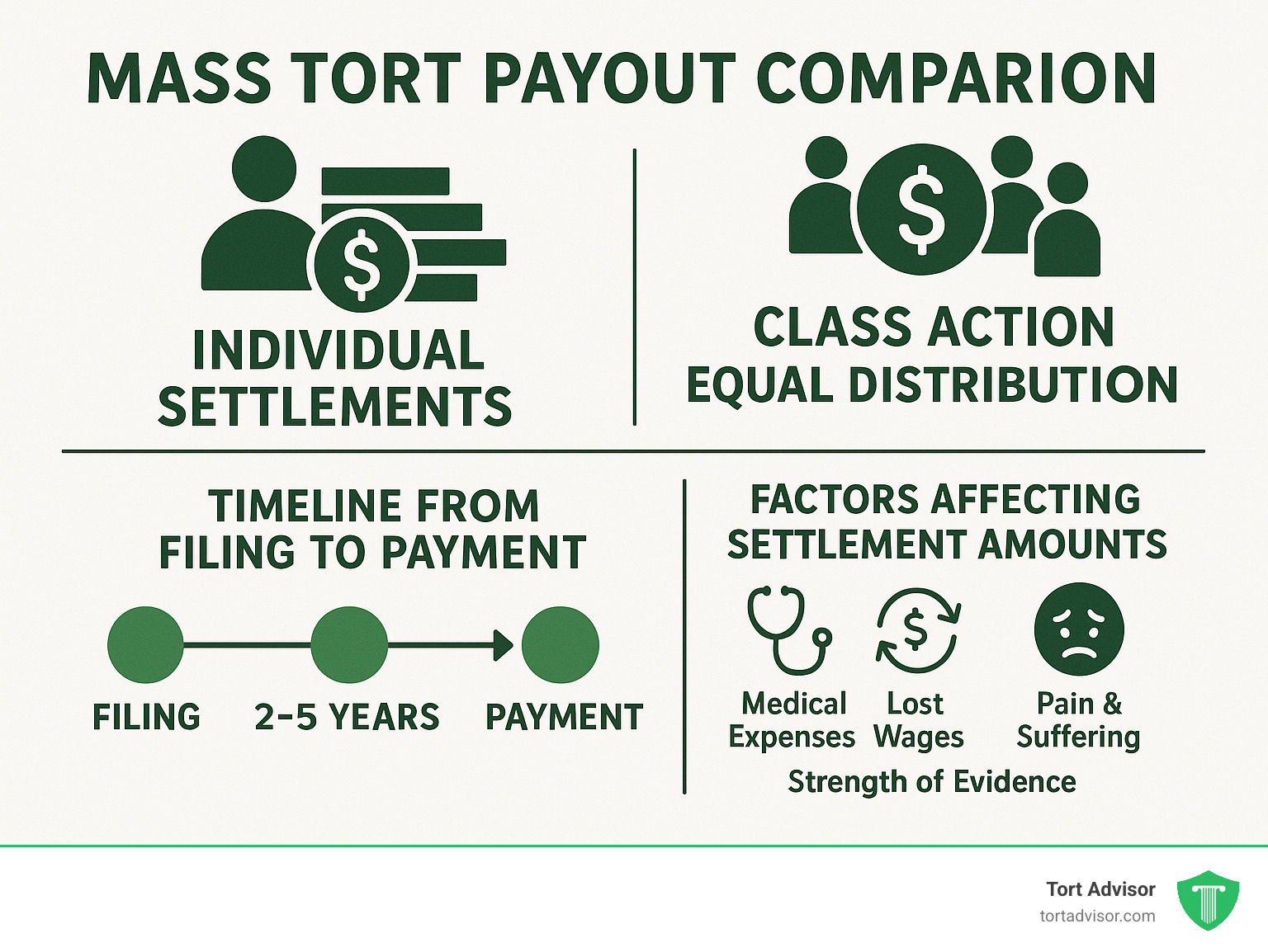 Mass tort payout comparison showing individual settlements vs class action equal distribution, including timeline from filing to payment and factors affecting settlement amounts - how much does mass tort lawsuits receive infographic 