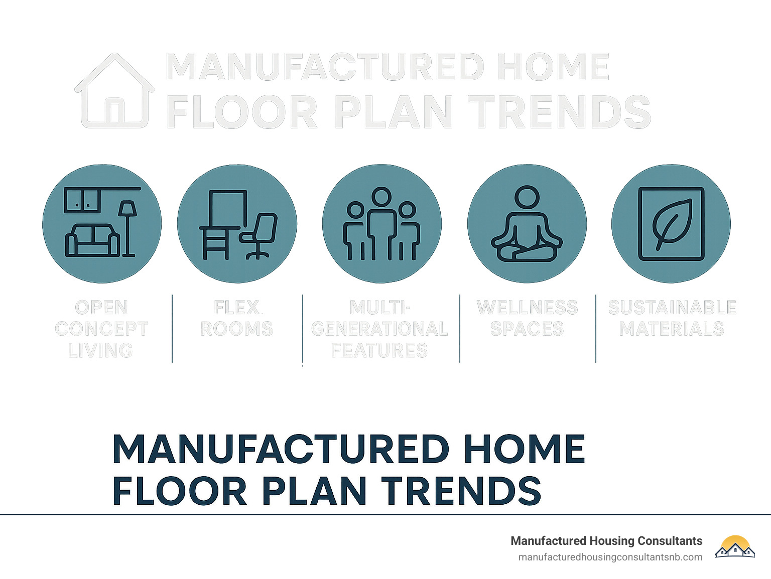 Infographic showing top 5 manufactured home floor plan trends: open concept living, flex rooms, multi-generational features, wellness spaces, and sustainable materials - manufactured home floor plans infographic 