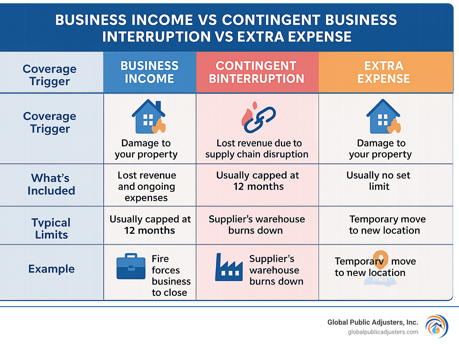 Infographic comparing Business Income vs Contingent Business Interruption vs Extra Expense coverage, showing coverage triggers, what's included, typical limits, and real-world examples for each type - business interruption claims infographic 