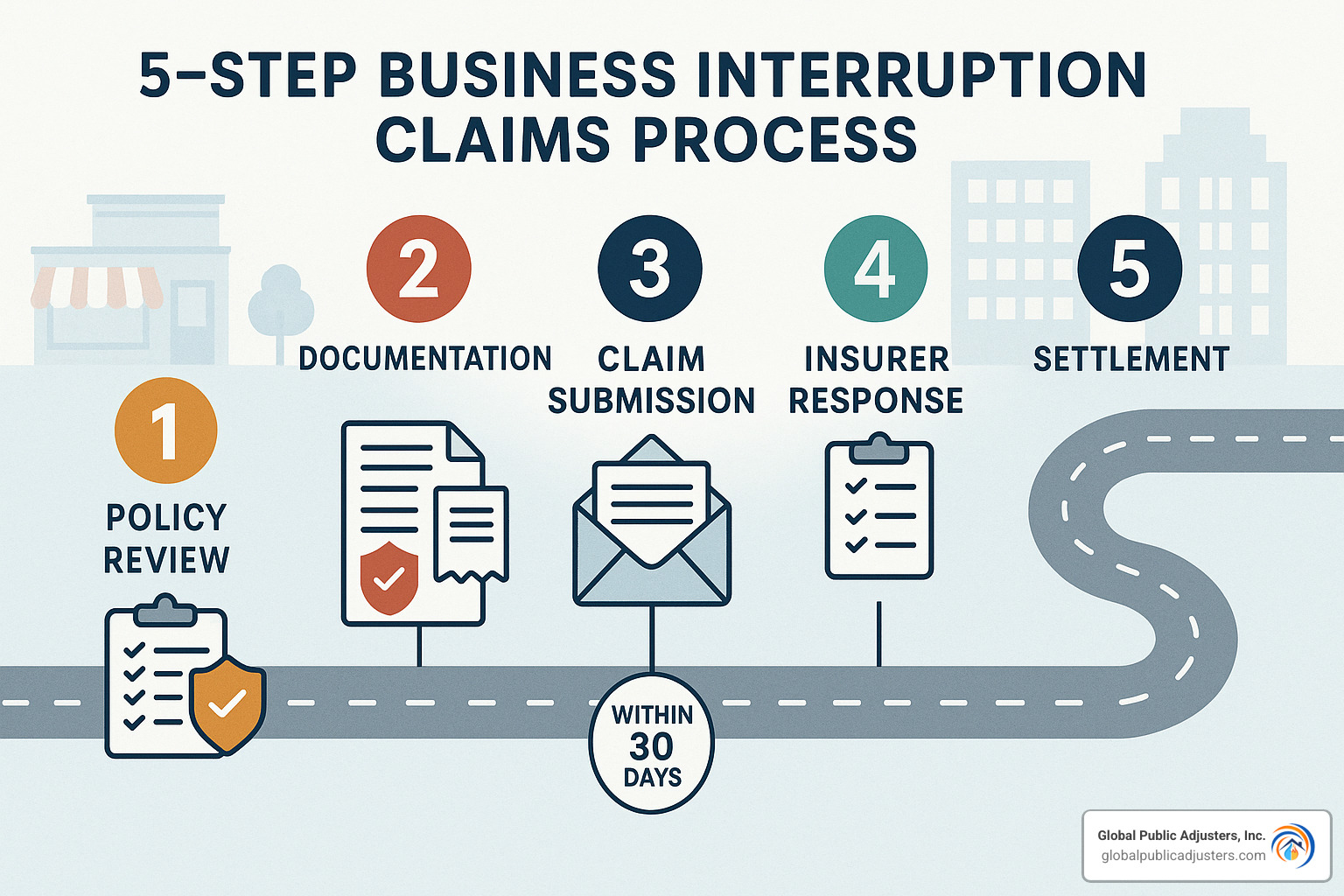 Detailed roadmap showing the 5-step business interruption claims process with timeline markers, required documents, and key decision points at each stage - business interruption claims