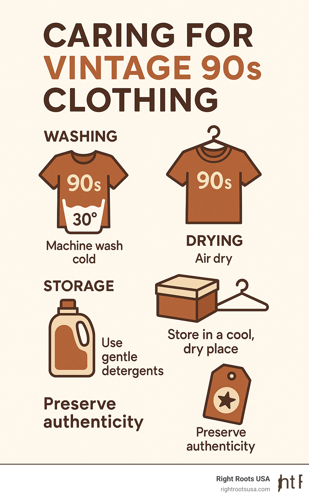 Infographic showing proper care techniques for vintage 90s clothing, including washing temperatures, drying methods, and storage tips to preserve authenticity and condition - 90's apparel store infographic 