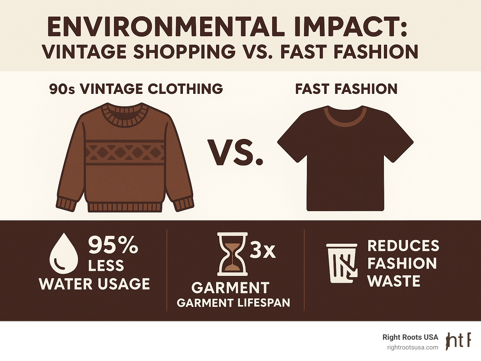 Infographic showing environmental impact comparison between vintage shopping versus fast fashion, including statistics on water usage, garment lifespan, and waste reduction benefits of choosing 90s vintage clothing - 90's apparel store infographic 