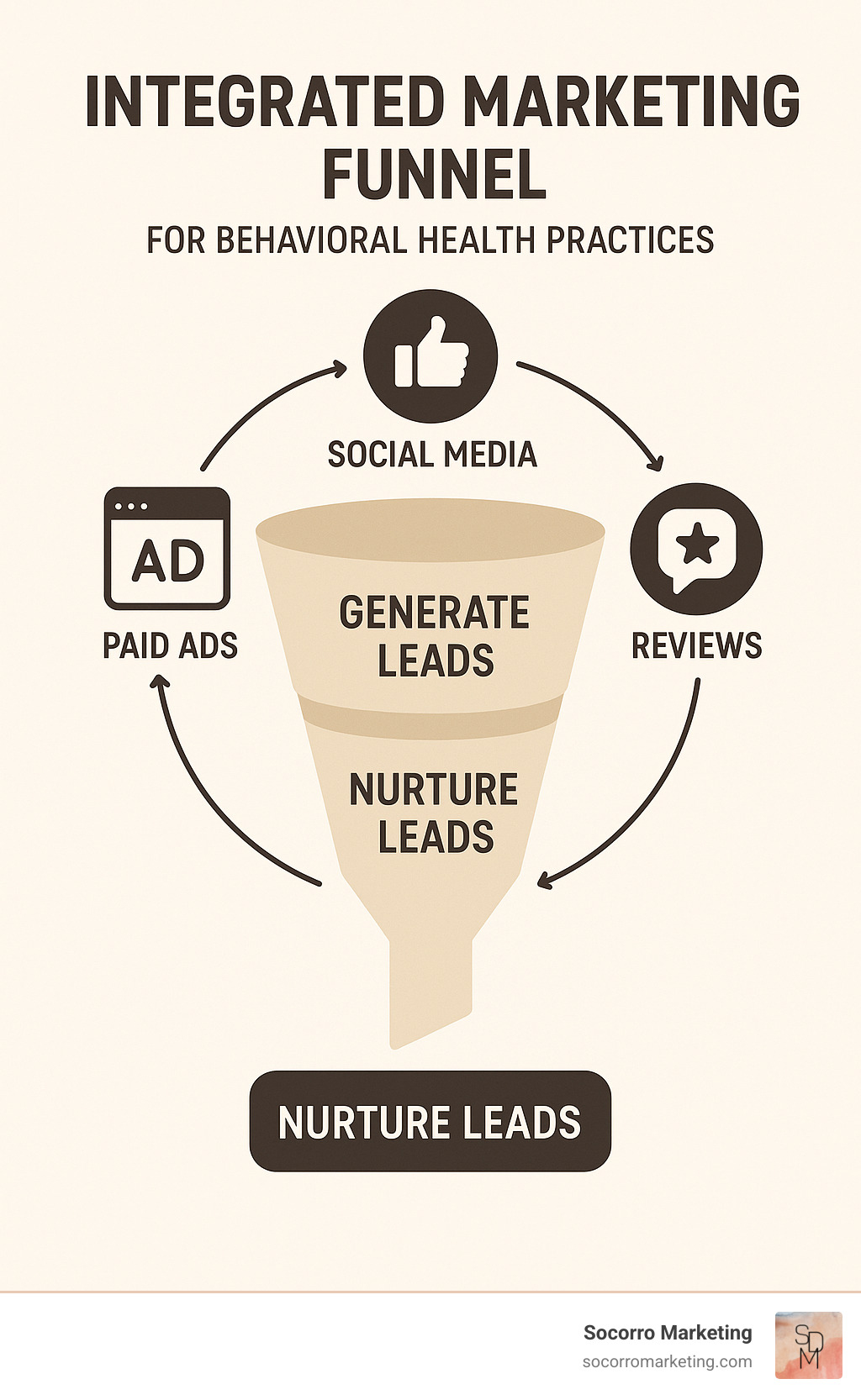 Infographic showing the integrated marketing funnel for behavioral health practices, displaying how paid ads, social media, and reviews work together to generate and nurture leads - behavioral health digital marketing infographic 