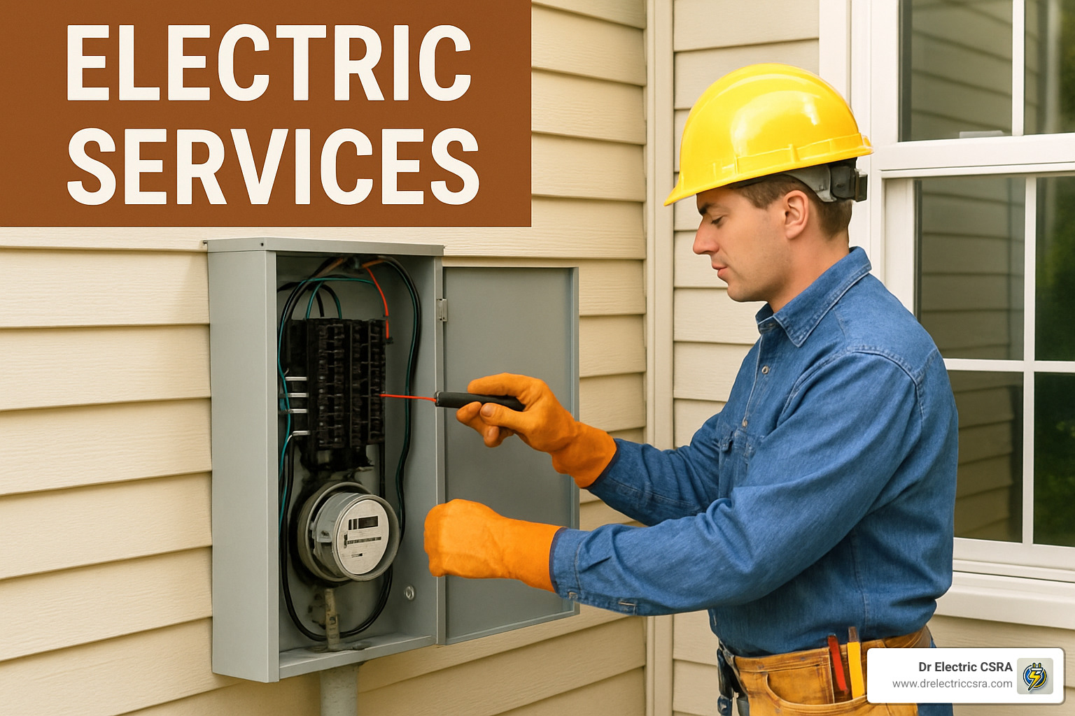 Electrician in yellow hard hat performing electrical panel maintenance, highlighting residential electric services offered by Dr Electric CSRA.
