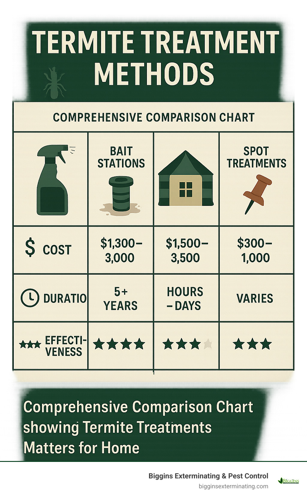 Comprehensive comparison chart showing termite treatment methods, costs, duration, and effectiveness ratings for liquid barriers, bait stations, fumigation, and spot treatments - best rated termite companies infographic 