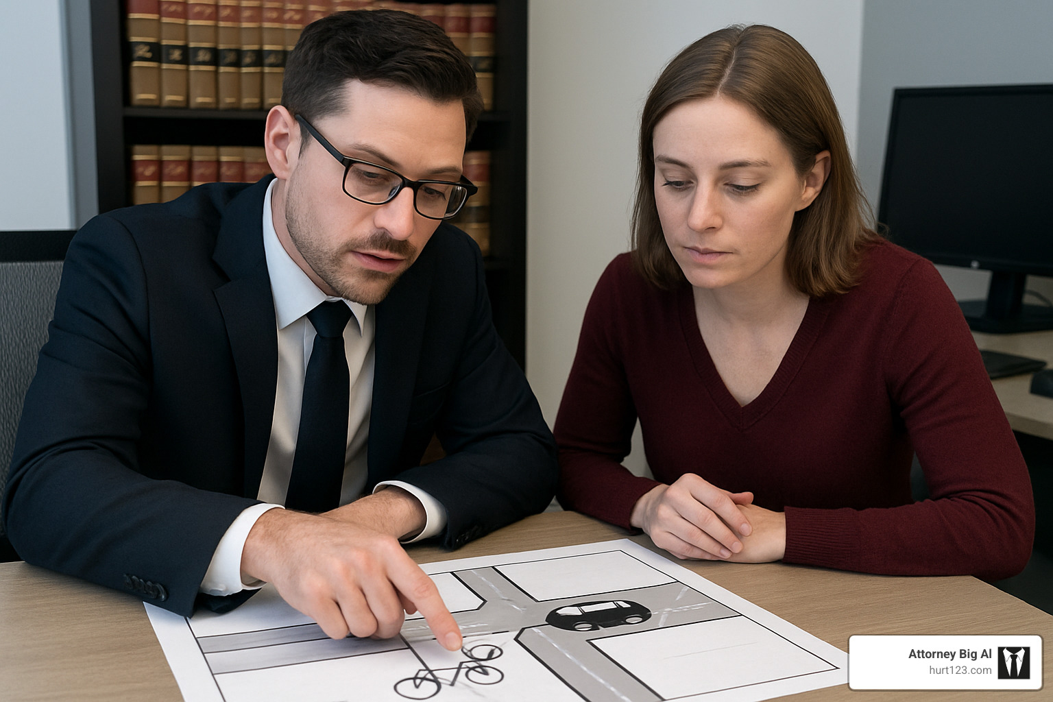 Attorney reviewing detailed crash scene diagram with client - bicycle accident lawyer orange