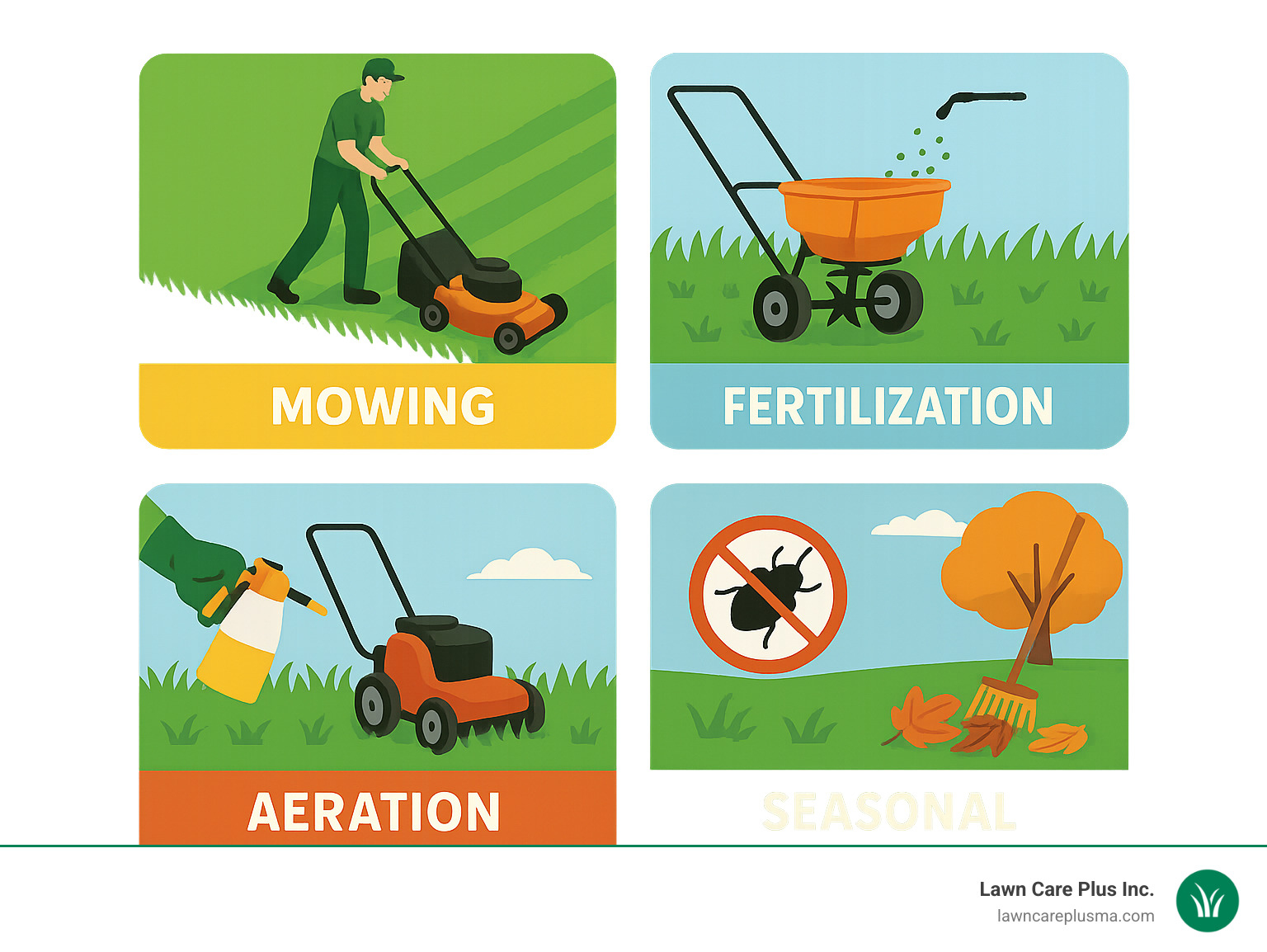 Comprehensive guide showing the anatomy of professional lawn care services including mowing patterns, fertilization schedules, aeration timing, pest control methods, and seasonal maintenance tasks for Massachusetts properties - lawn care companies near me infographic 