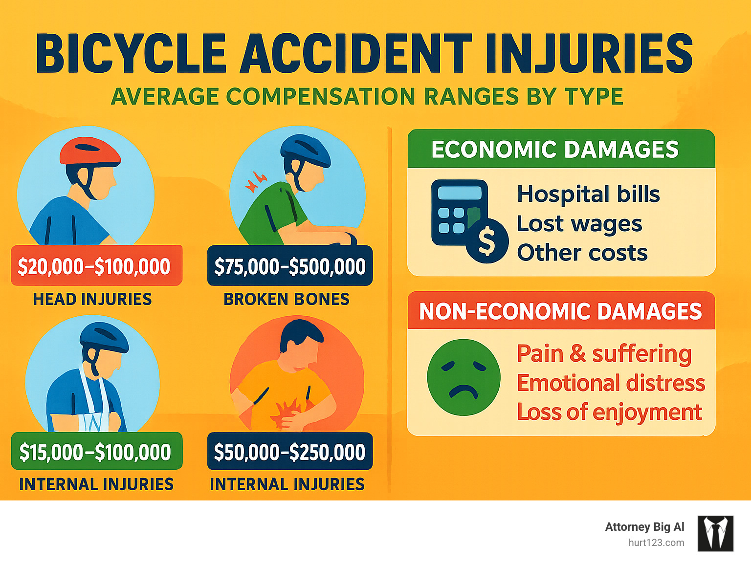 Comprehensive infographic showing average compensation ranges for different types of bicycle accident injuries, broken down by economic and non-economic damages - bicycle accident lawyer orange infographic 