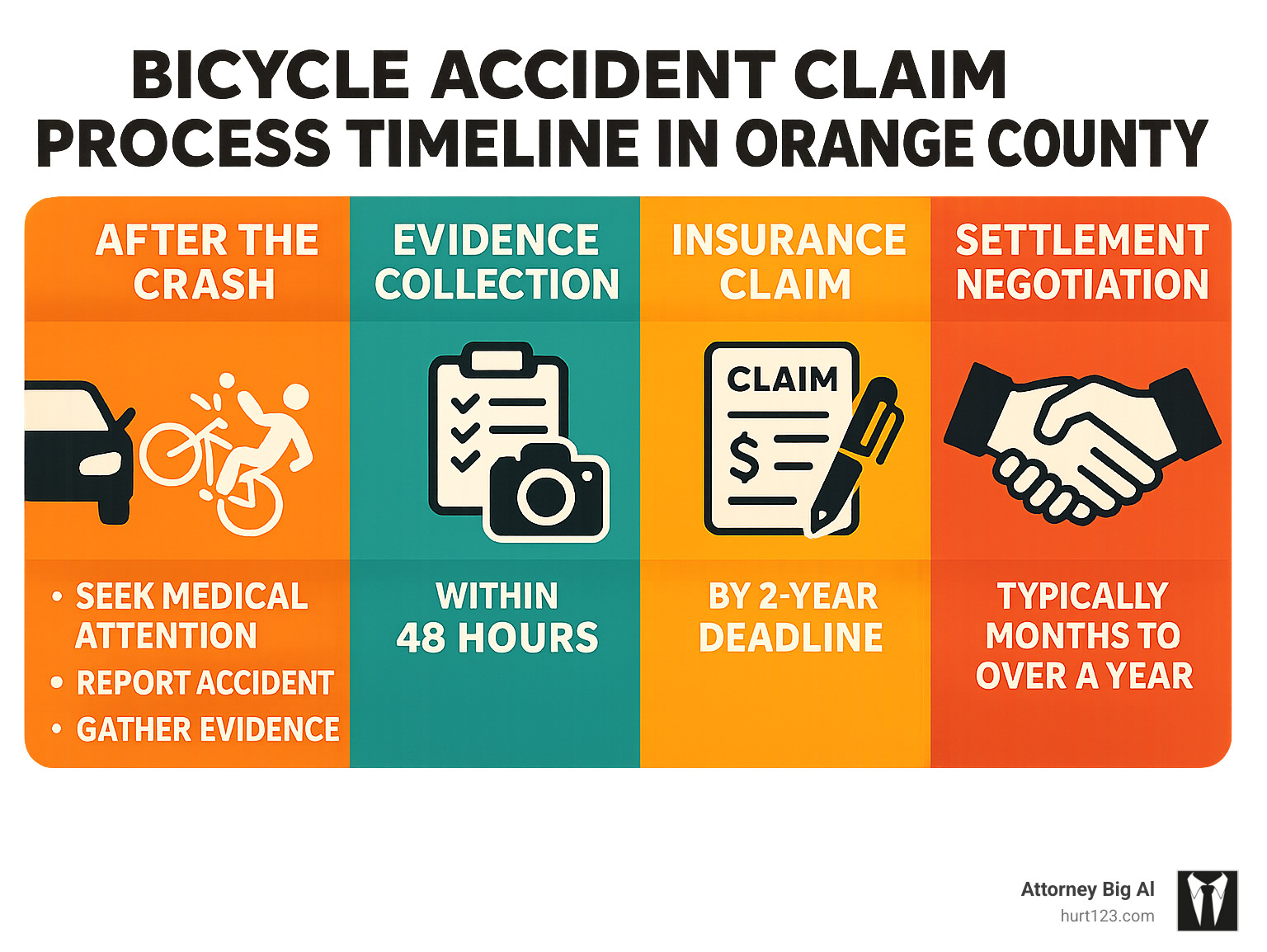 Detailed infographic showing bicycle accident claim process timeline in Orange County, including immediate steps after crash, evidence collection requirements, insurance claim filing deadlines, statute of limitations markers, and typical settlement negotiation phases - bicycle accident lawyer orange infographic 