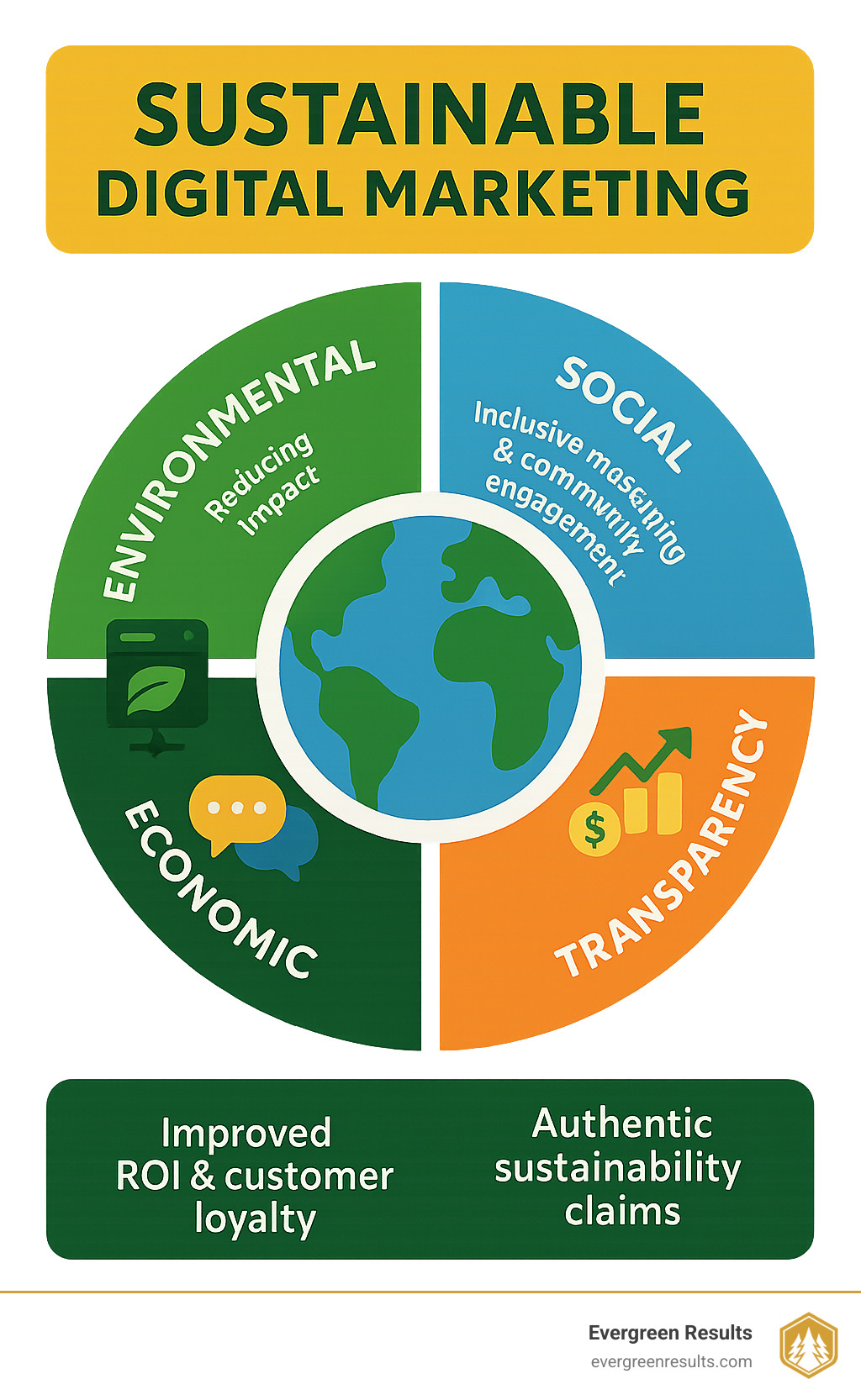 Infographic showing the components of sustainable digital marketing: environmental impact reduction through green hosting and optimized content, social responsibility via inclusive messaging and community engagement, economic benefits including improved ROI and customer loyalty, and transparency through authentic sustainability claims backed by data - sustainable digital marketing infographic 