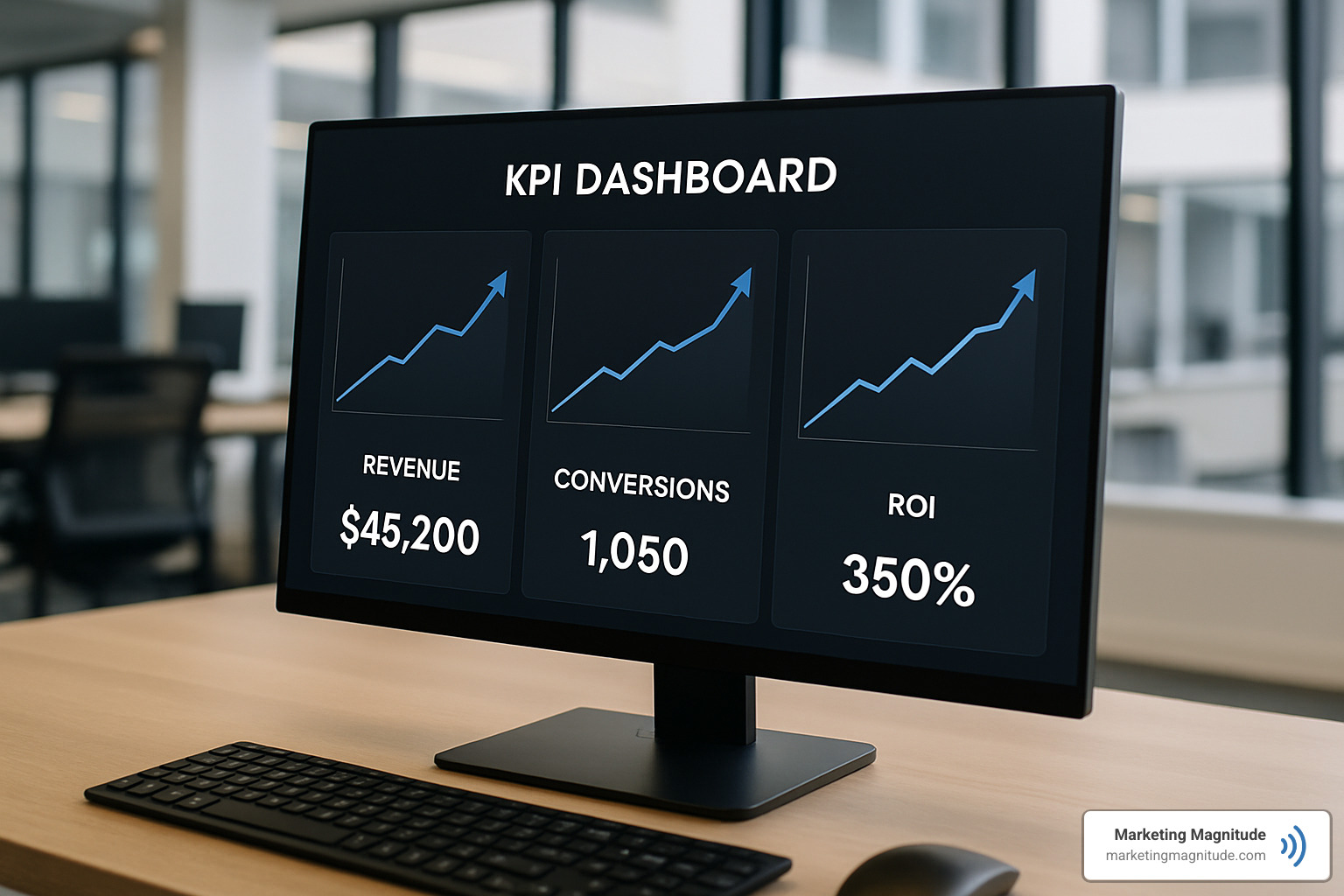 upward-trending KPI dashboard showing increasing revenue, conversions, and ROI metrics - paid search management services