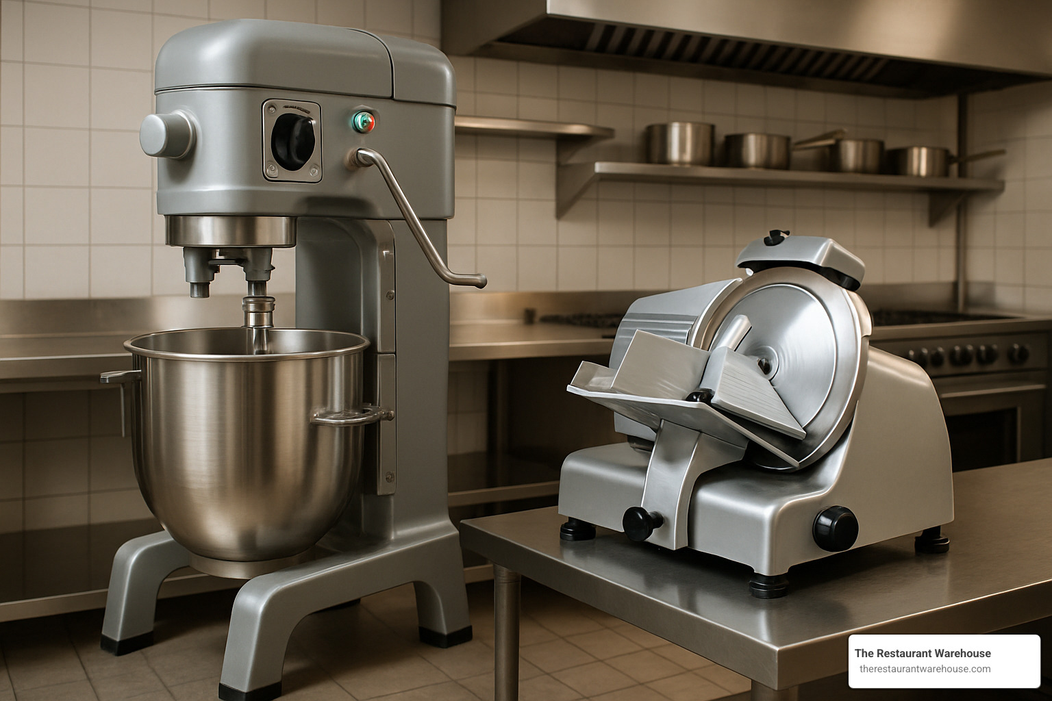 commercial kitchen mixer and meat slicer lineup - used food prep equipment