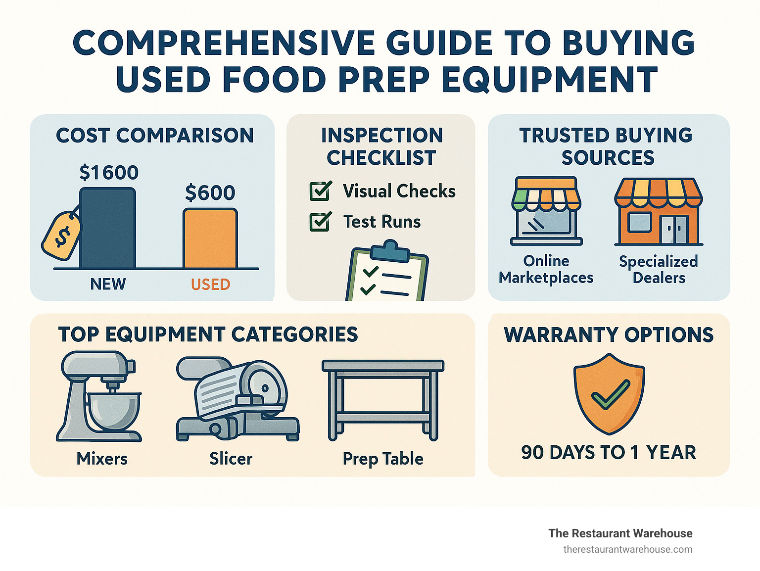 Comprehensive guide to buying used food prep equipment showing cost comparison between new vs used prices, inspection checklist with visual checks and test runs, top equipment categories including mixers and slicers and prep tables, trusted buying sources from online marketplaces to specialized dealers, and warranty options ranging from 90 days to 1 year coverage - used food prep equipment infographic 