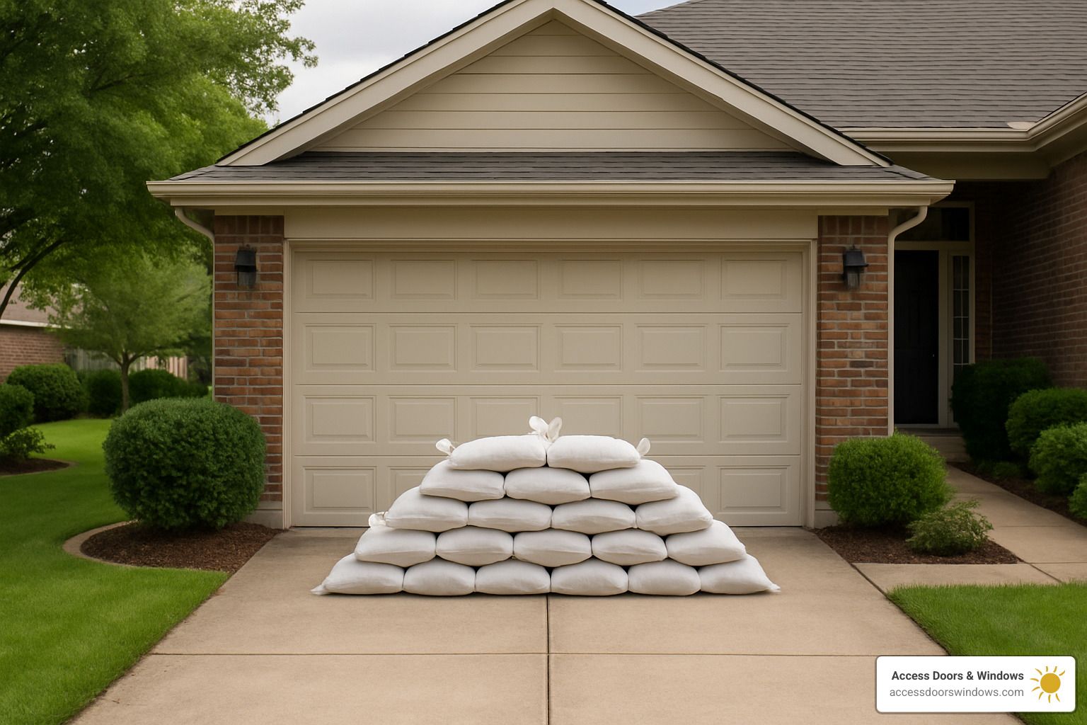 Sandbag barrier installation in front of garage door - how to reinforce a garage door for hurricanes