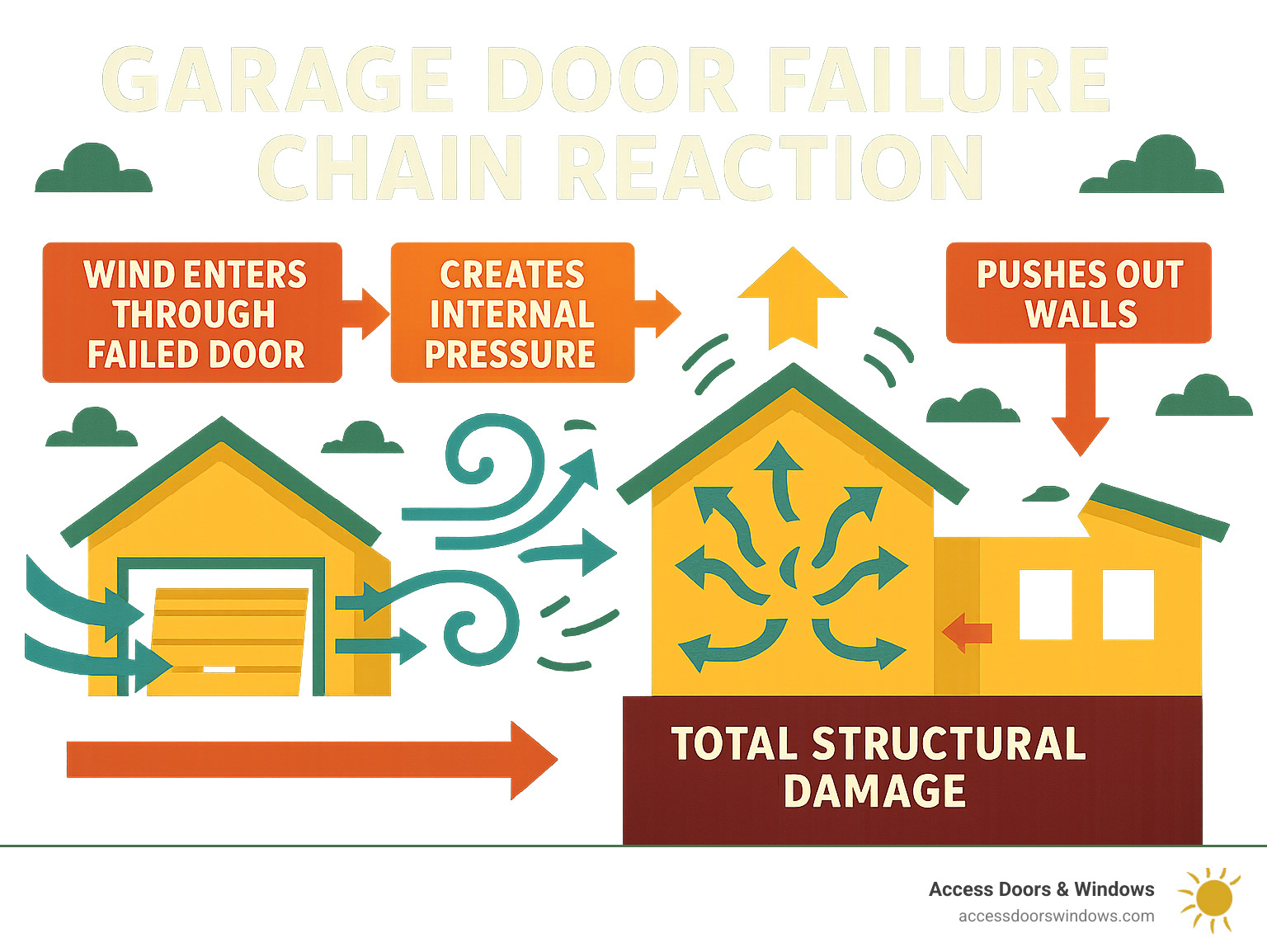 Infographic showing the garage door failure chain reaction: wind enters through failed door, creates internal pressure, lifts roof, pushes out walls, leads to total structural damage - how to reinforce a garage door for hurricanes infographic 