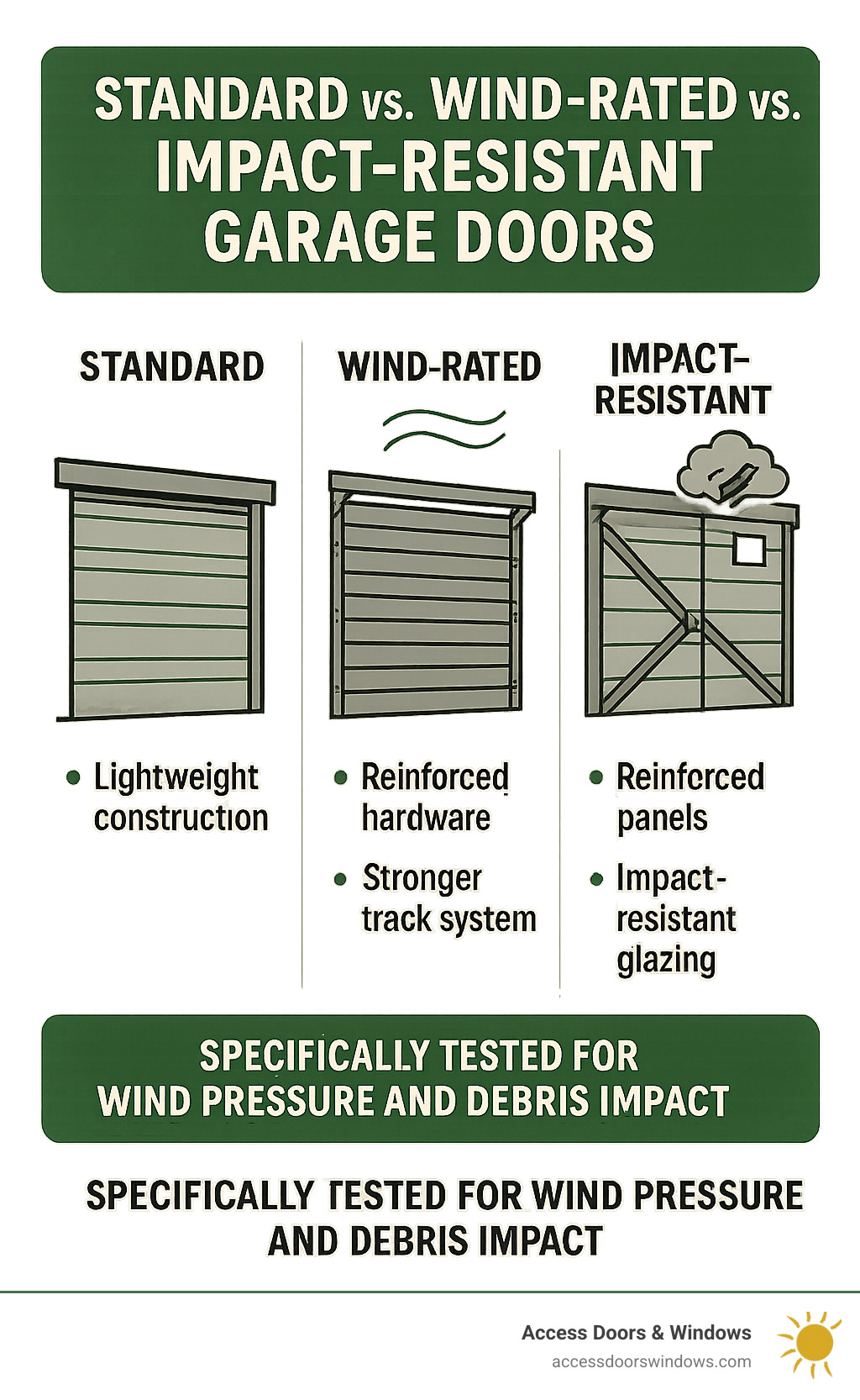 Comparison chart showing standard vs wind-rated vs impact-resistant garage door specifications - how to reinforce a garage door for hurricanes infographic 