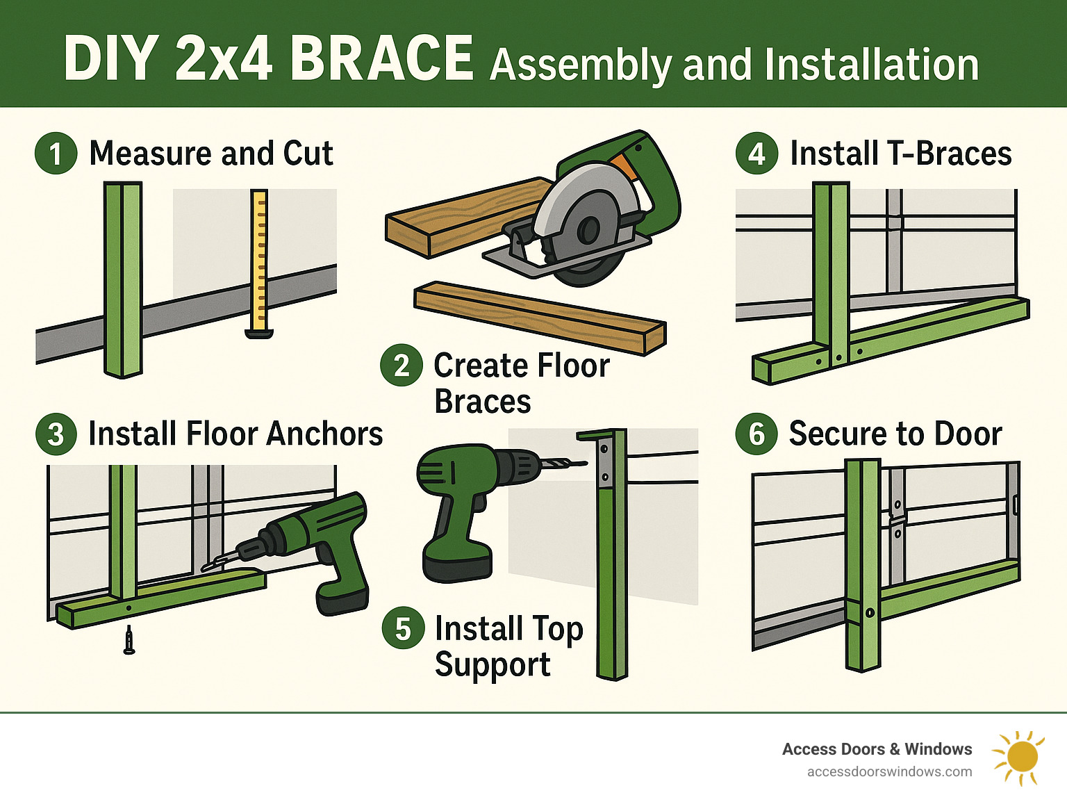 Step-by-step diagram showing DIY 2x4 brace assembly and installation - how to reinforce a garage door for hurricanes infographic 