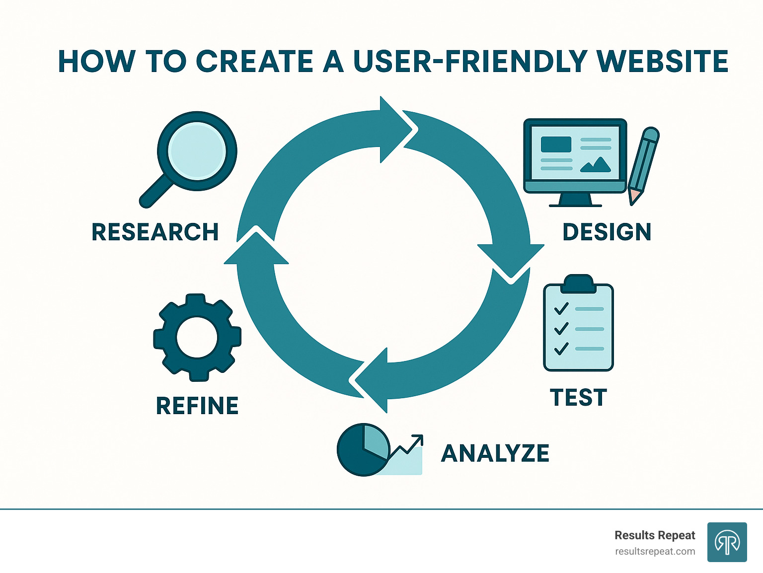 Infographic showing the iterative UX improvement cycle: research, design, test, analyze, and refine - how to create a user friendly website infographic 