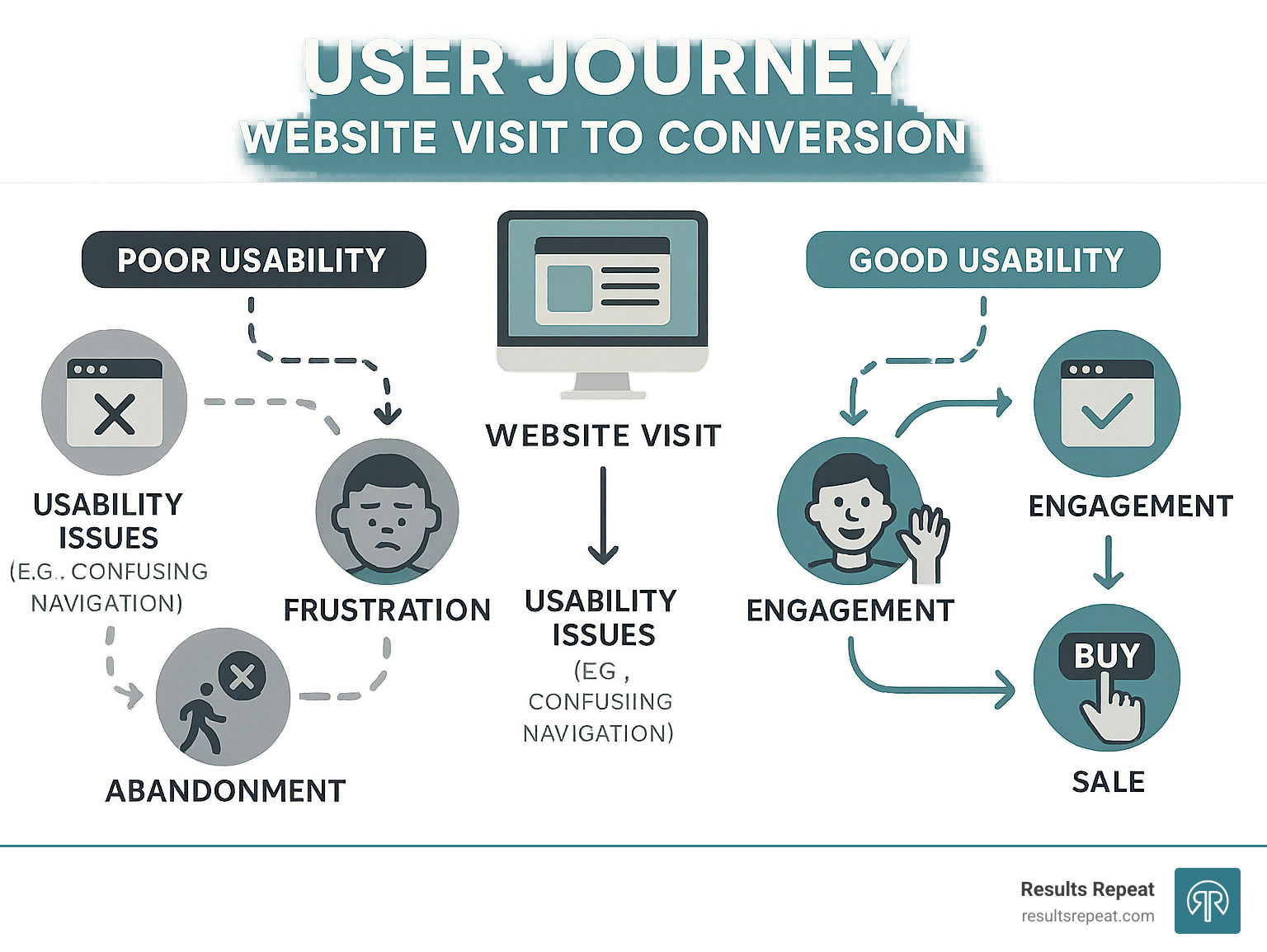 Infographic showing the user journey from website visit to conversion, highlighting key decision points where poor usability causes visitors to abandon the site versus good usability leading to engagement and sales - how to create a user friendly website infographic 