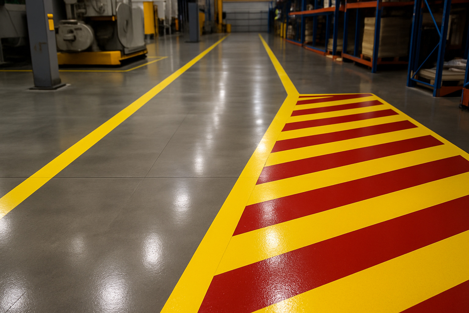 Custom safety striping on industrial floor - Impact-resistant floor coatings Custom safety striping on industrial floor - Impact-resistant floor coatings