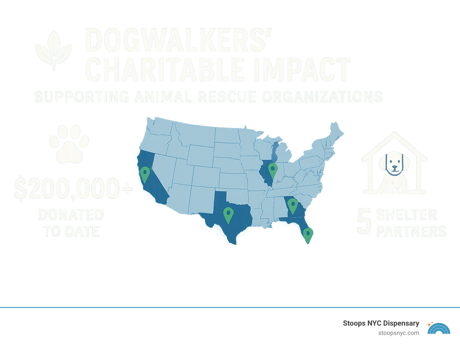 infographic showing Dogwalkers' charitable impact with animal rescue organizations, donation amounts, and shelter partnerships across multiple states - dogwalker prerolls infographic
