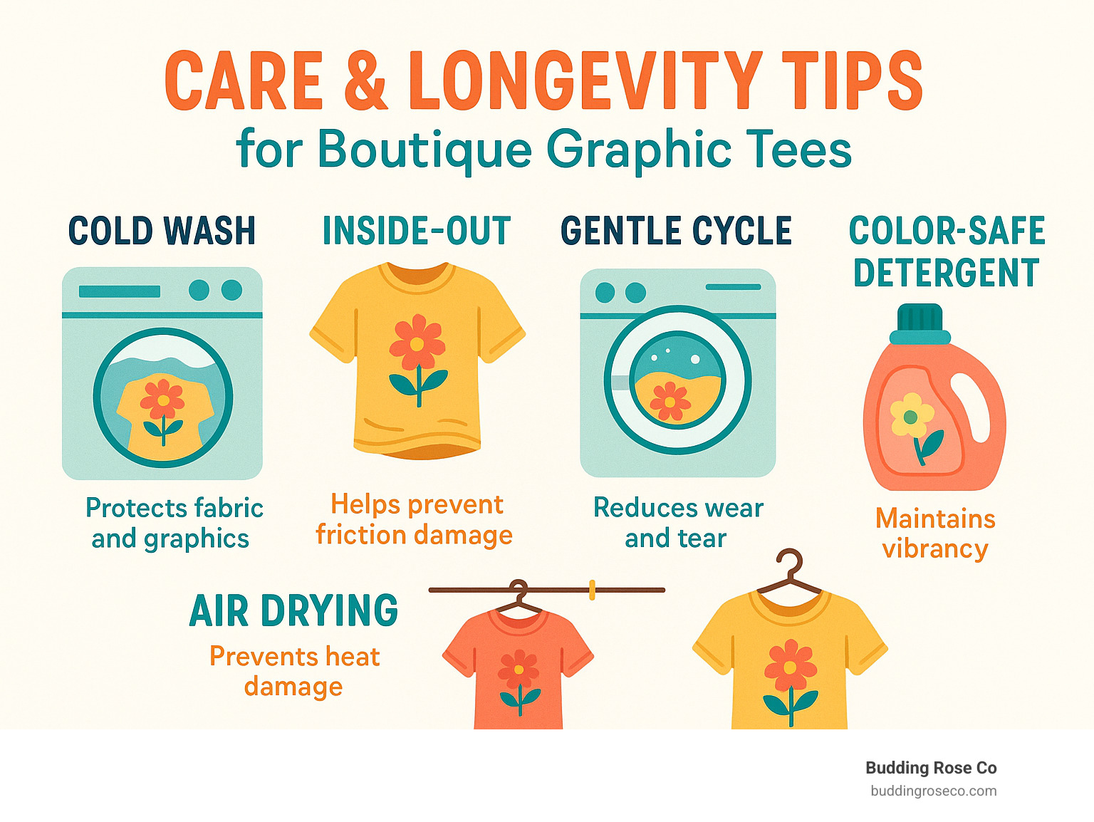 Infographic showing proper care instructions and their impact on graphic tee longevity - boutique graphic tees women infographic 