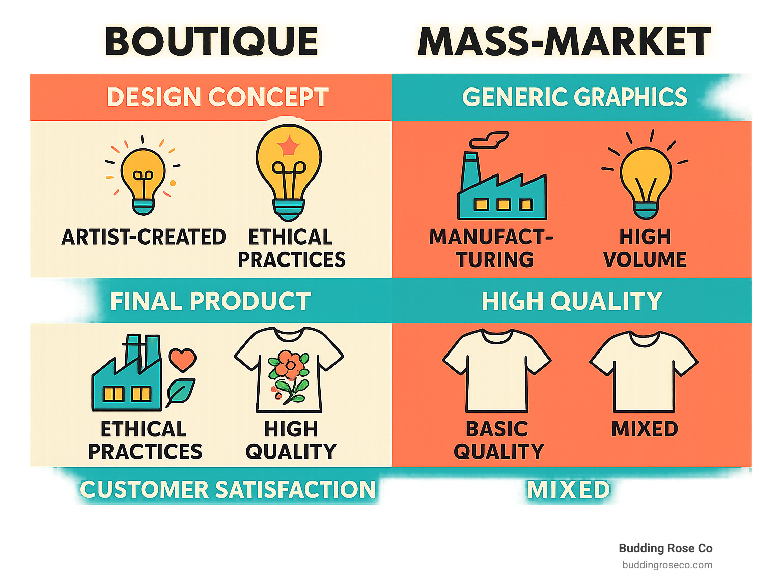 Detailed comparison infographic showing the journey of boutique vs mass-market graphic tees from initial design concept through ethical manufacturing to final product quality and customer satisfaction - boutique graphic tees women infographic 