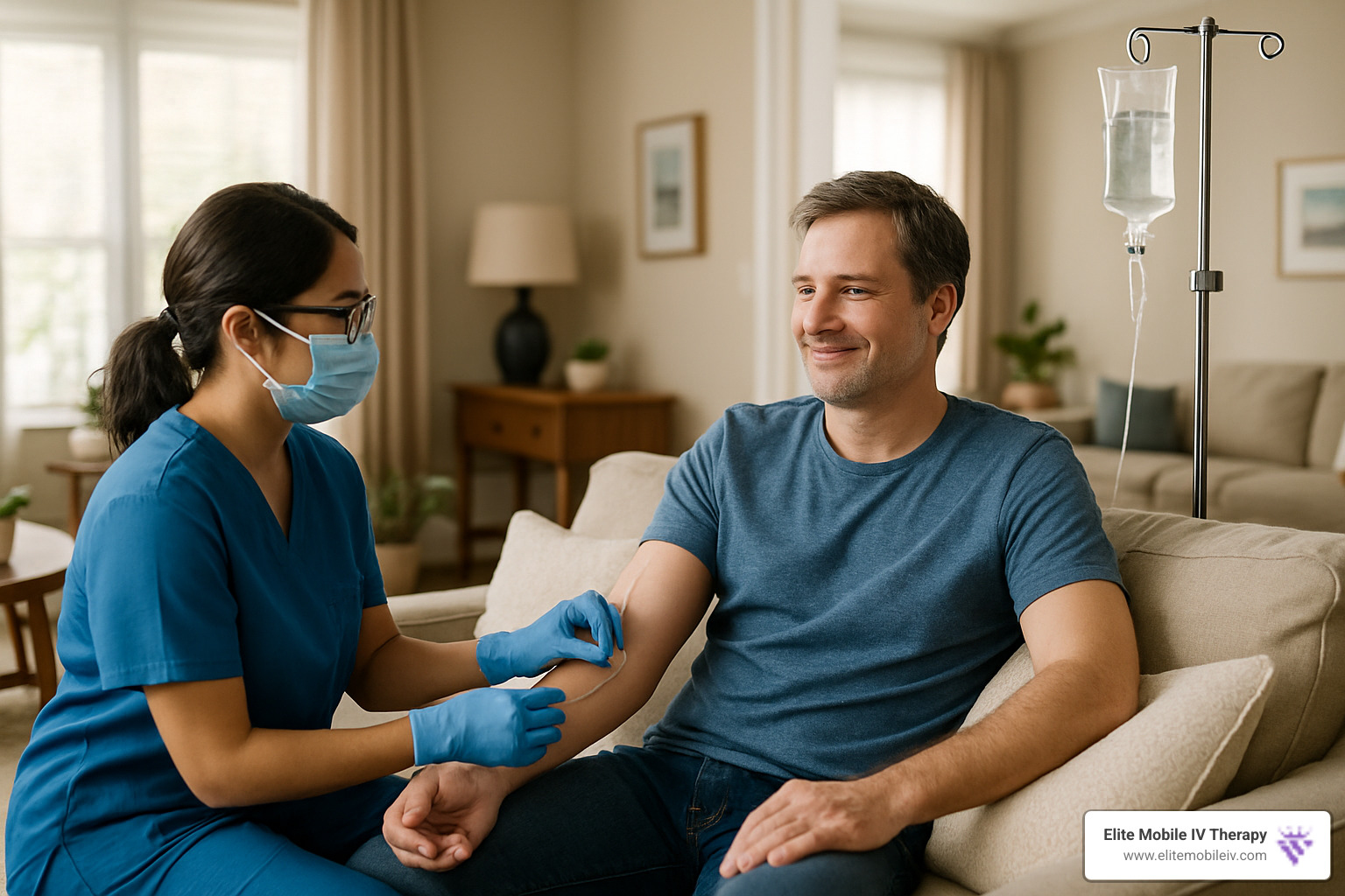 Person receiving IV therapy at home in comfortable setting - at home iv fluids